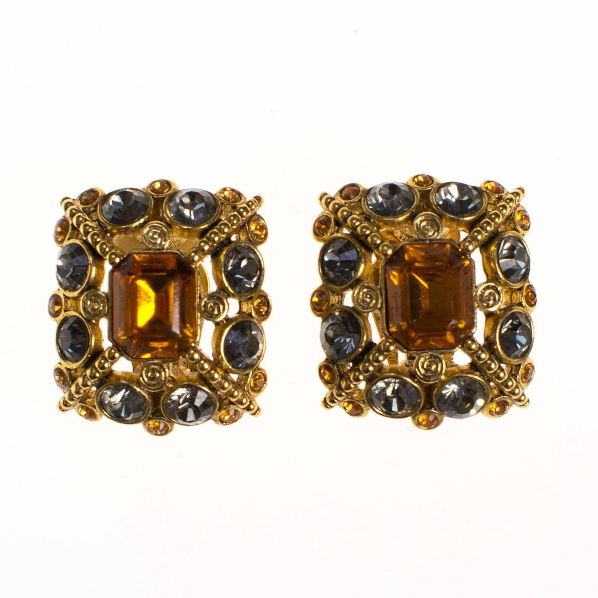 Vintage Joan Rivers Golden Citrine Rhinestones and Black Diamond Rhinestones Statement Earrings