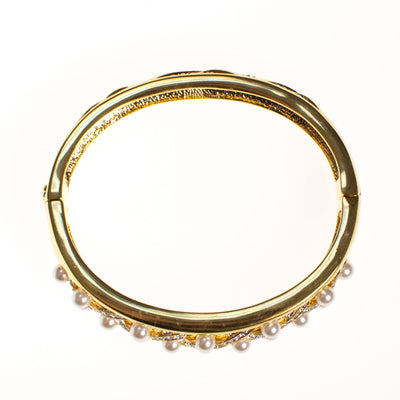 Vintage Camrose and Kross JBK Jacqueline Bouvier Kennedy Gold Pearl and Rhinestone Bangle Bracelet by Camrose and Kross JBK Jacqueline Bouvier Kennedy - Vintage Meet Modern Vintage Jewelry - Chicago, Illinois - #oldhollywoodglamour #vintagemeetmodern #designervintage #jewelrybox #antiquejewelry #vintagejewelry