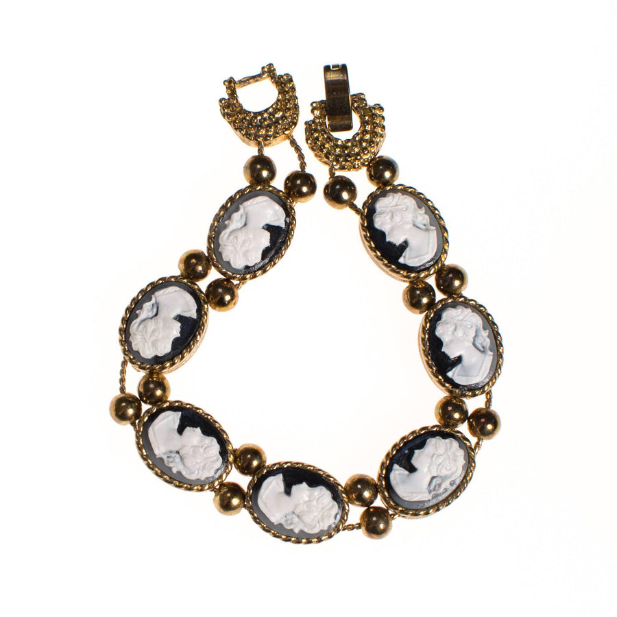 Vintage Victorian Revival Black and White Cameo Slide Bracelet by 1960s - Vintage Meet Modern Vintage Jewelry - Chicago, Illinois - #oldhollywoodglamour #vintagemeetmodern #designervintage #jewelrybox #antiquejewelry #vintagejewelry