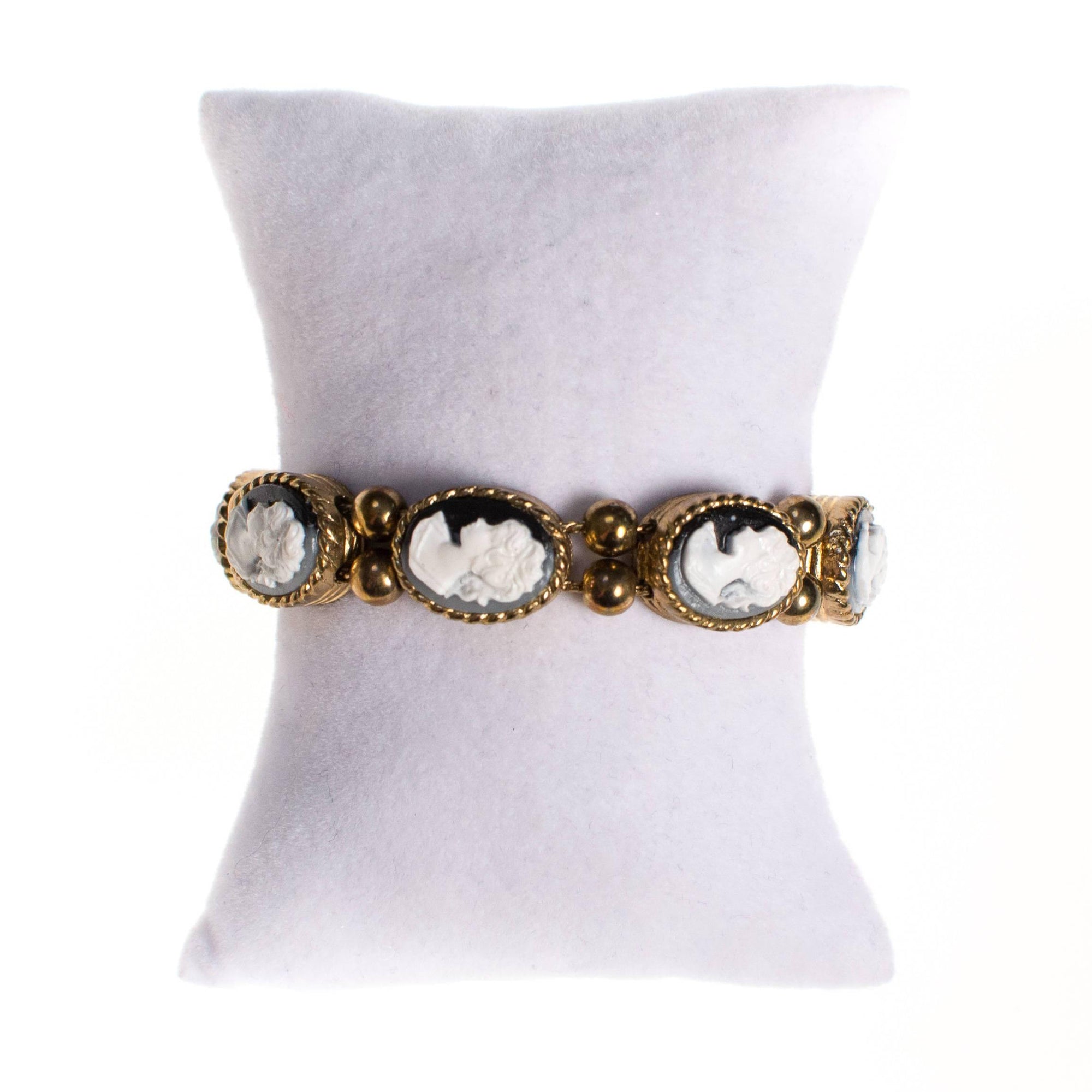 Vintage Victorian Revival Black and White Cameo Slide Bracelet by 1960s - Vintage Meet Modern Vintage Jewelry - Chicago, Illinois - #oldhollywoodglamour #vintagemeetmodern #designervintage #jewelrybox #antiquejewelry #vintagejewelry