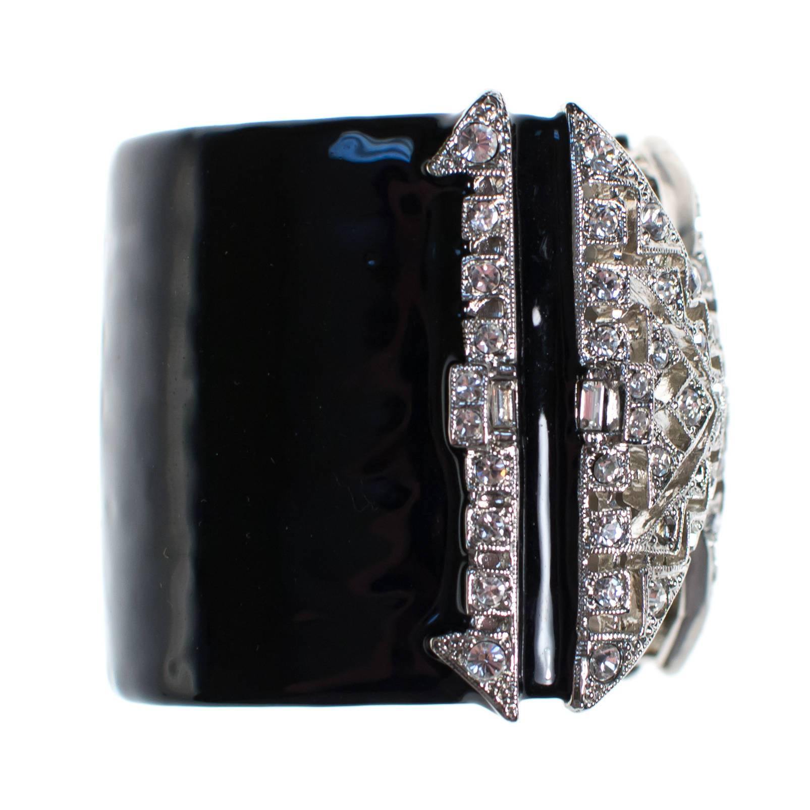 Vintage Kenneth Jay Lane Art Deco Rhinestone and Black Enamel Wide Cuff Statement Bracelet by Kenneth Jay Lane - Vintage Meet Modern Vintage Jewelry - Chicago, Illinois - #oldhollywoodglamour #vintagemeetmodern #designervintage #jewelrybox #antiquejewelry #vintagejewelry