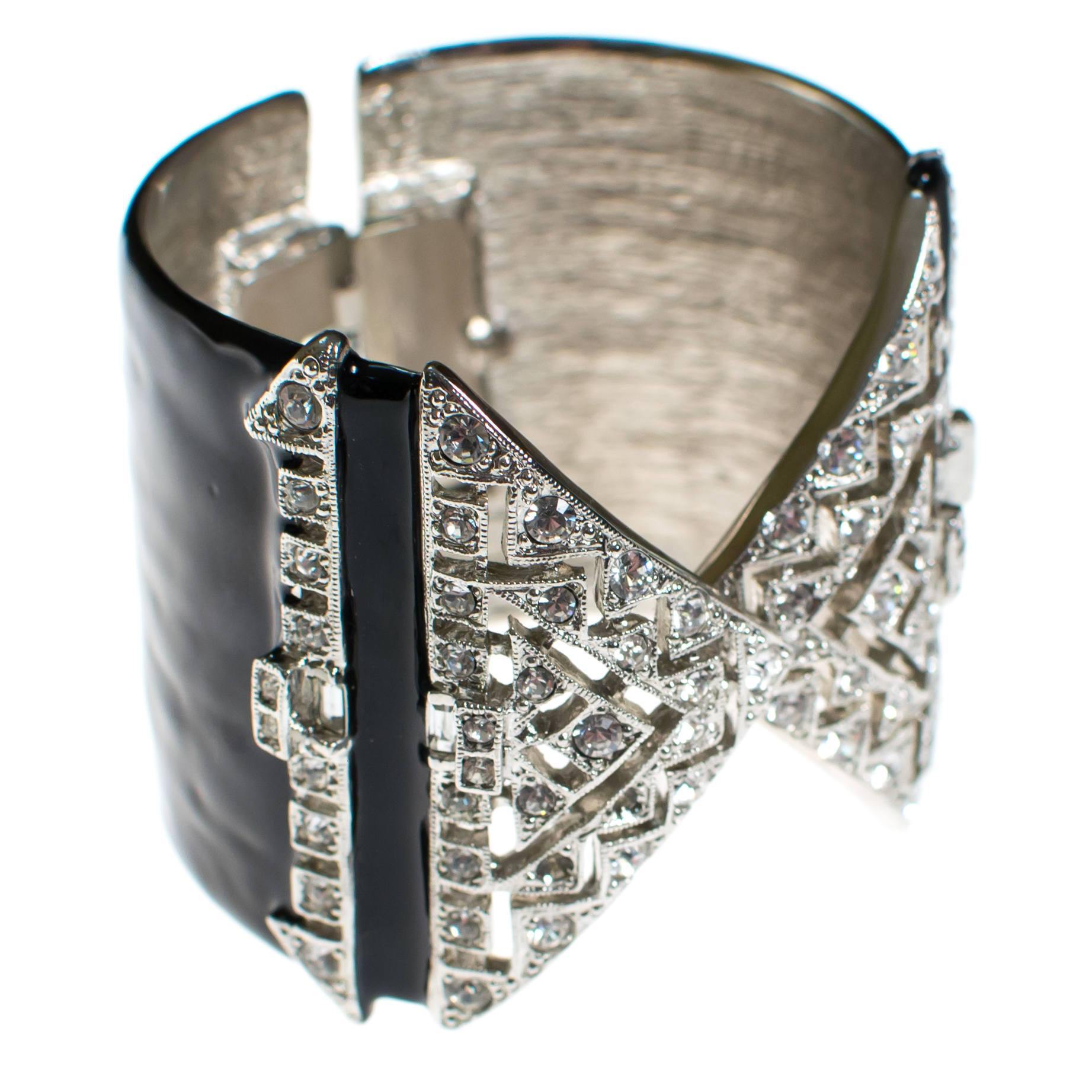 Vintage Kenneth Jay Lane Art Deco Rhinestone and Black Enamel Wide Cuff Statement Bracelet by Kenneth Jay Lane - Vintage Meet Modern Vintage Jewelry - Chicago, Illinois - #oldhollywoodglamour #vintagemeetmodern #designervintage #jewelrybox #antiquejewelry #vintagejewelry