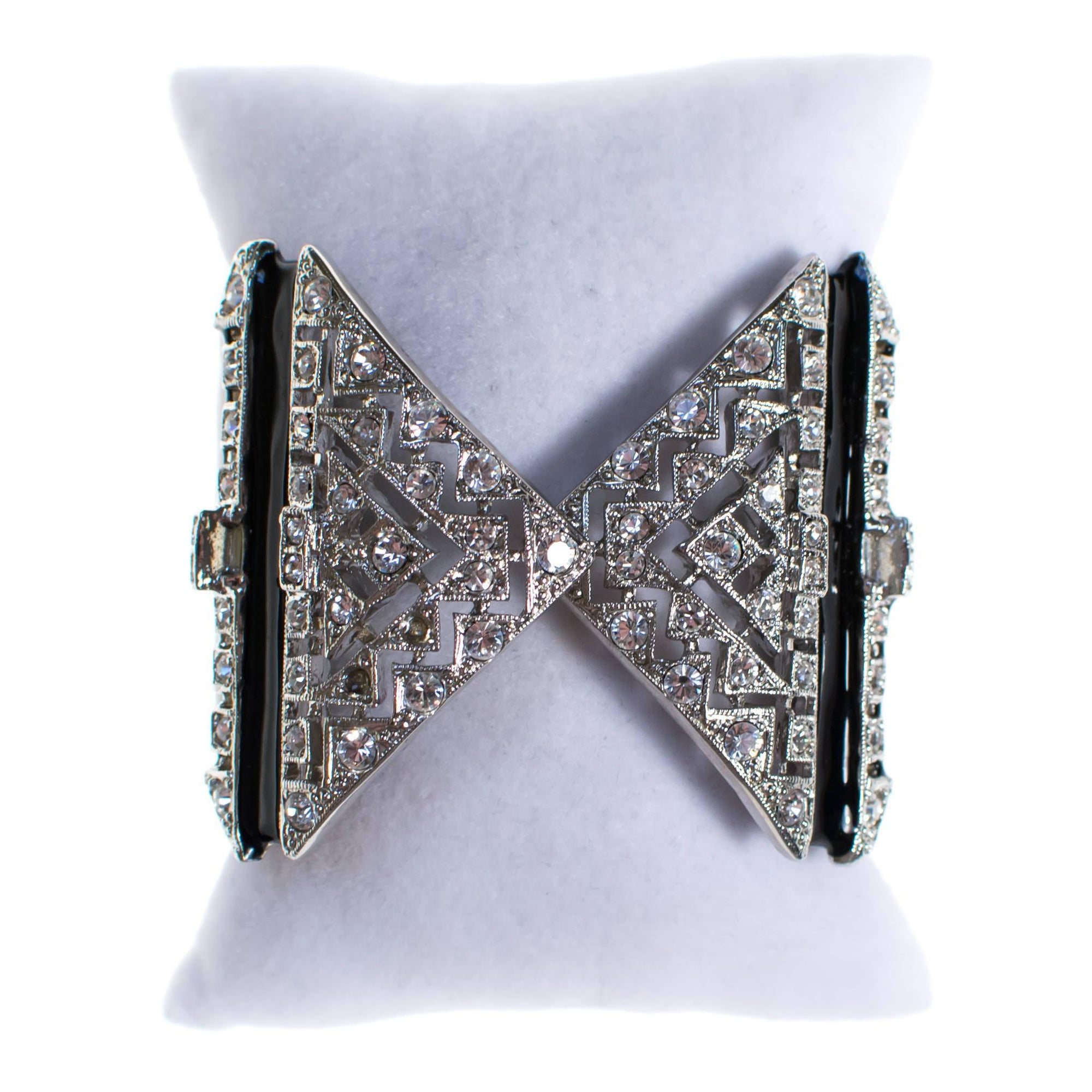 Vintage Kenneth Jay Lane Art Deco Rhinestone and Black Enamel Wide Cuff Statement Bracelet by Kenneth Jay Lane - Vintage Meet Modern Vintage Jewelry - Chicago, Illinois - #oldhollywoodglamour #vintagemeetmodern #designervintage #jewelrybox #antiquejewelry #vintagejewelry