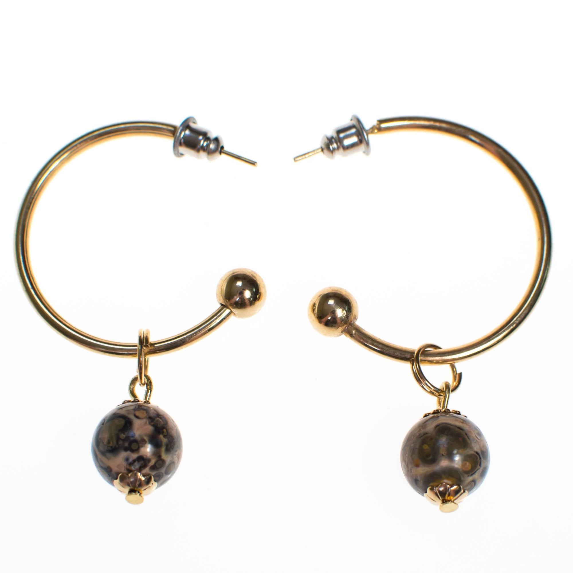 Vintage Gold Hoop Earrings with Speckled Jasper Bead by 1970s - Vintage Meet Modern Vintage Jewelry - Chicago, Illinois - #oldhollywoodglamour #vintagemeetmodern #designervintage #jewelrybox #antiquejewelry #vintagejewelry