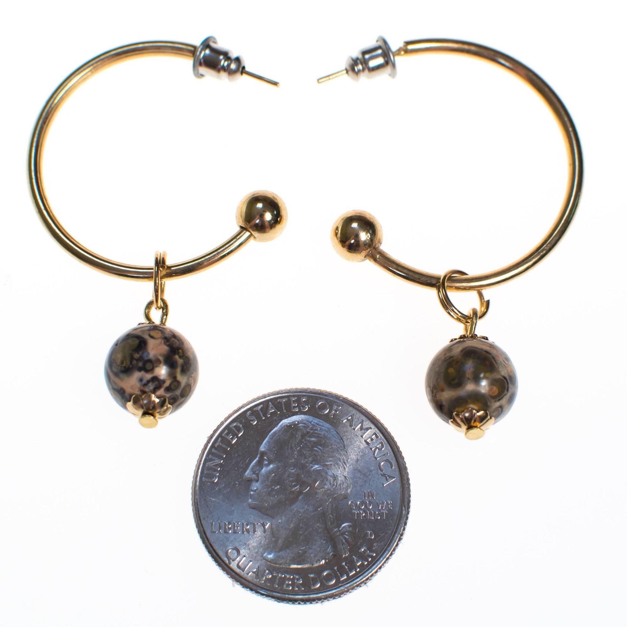 Vintage Gold Hoop Earrings with Speckled Jasper Bead by 1970s - Vintage Meet Modern Vintage Jewelry - Chicago, Illinois - #oldhollywoodglamour #vintagemeetmodern #designervintage #jewelrybox #antiquejewelry #vintagejewelry