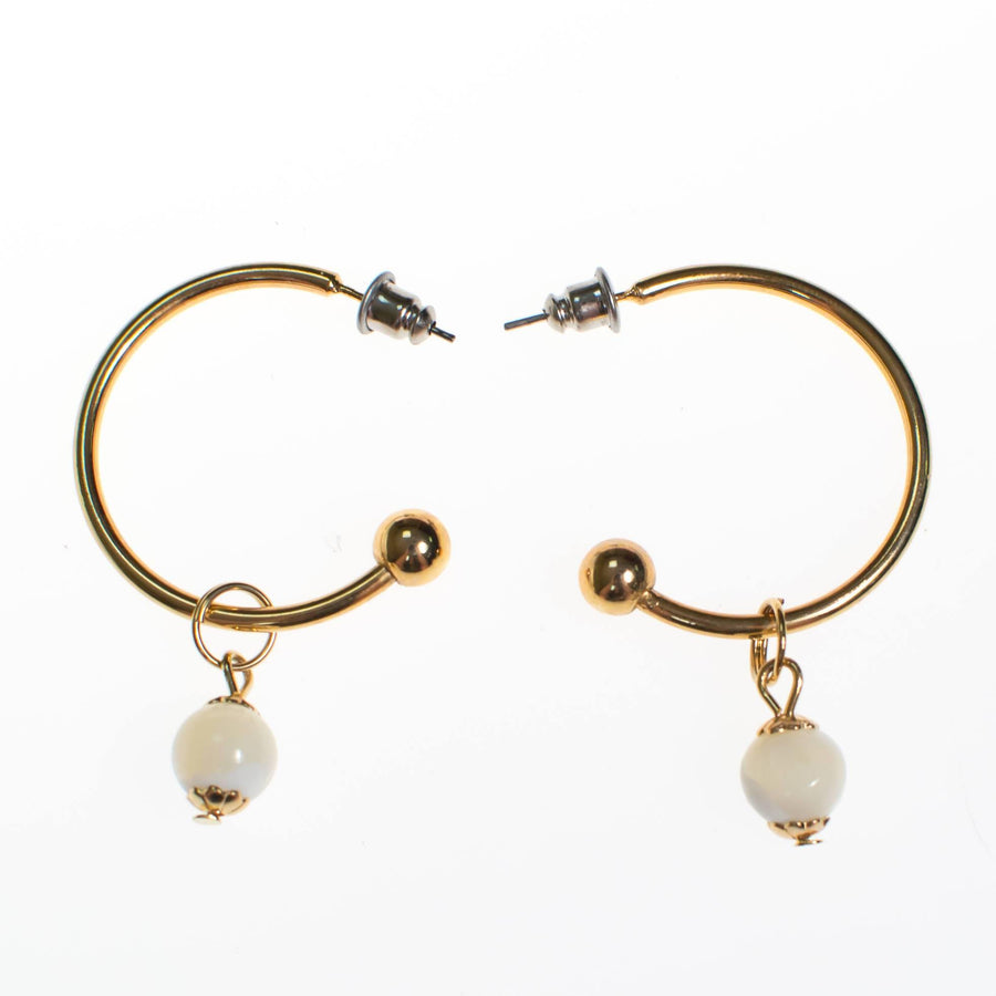 Vintage Gold Hoop Earrings with White Agate Bead by 1970s - Vintage Meet Modern Vintage Jewelry - Chicago, Illinois - #oldhollywoodglamour #vintagemeetmodern #designervintage #jewelrybox #antiquejewelry #vintagejewelry