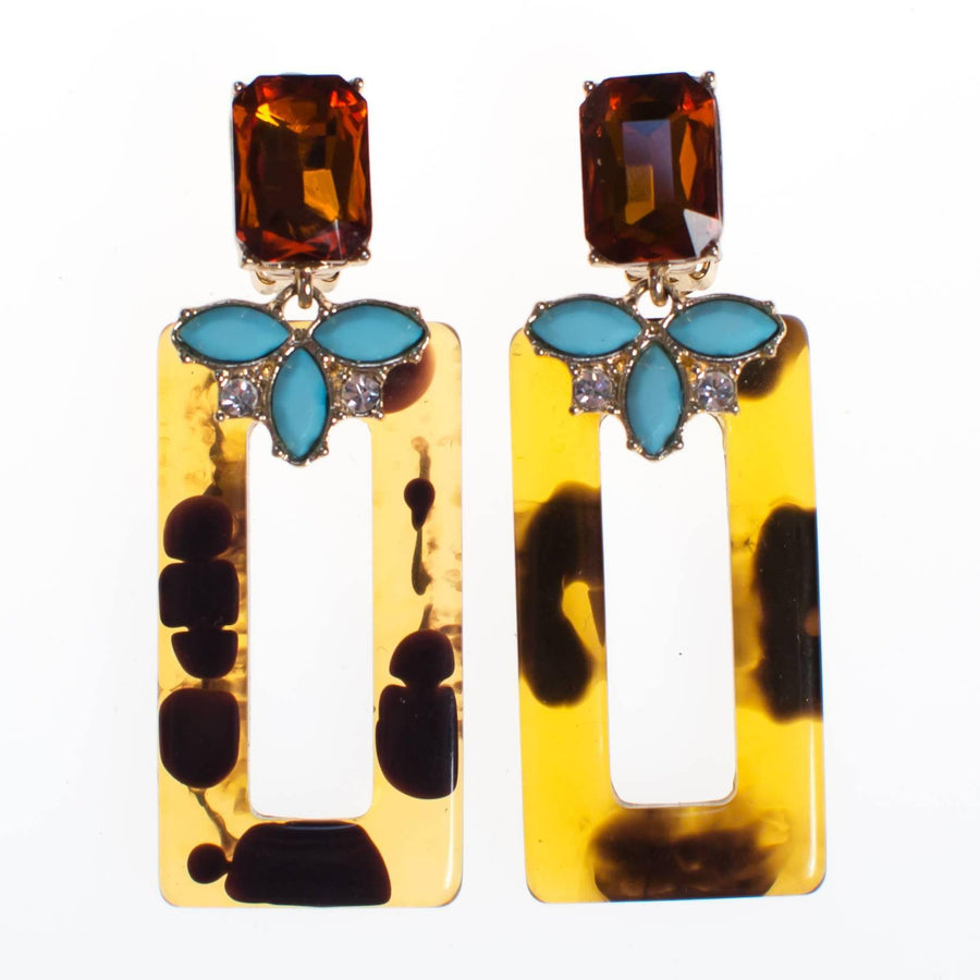 Vintage Faux Tortoise Turquoise and Citrine Rhinestone Earrings, Clip On, Long Dangling by 1990s - Vintage Meet Modern Vintage Jewelry - Chicago, Illinois - #oldhollywoodglamour #vintagemeetmodern #designervintage #jewelrybox #antiquejewelry #vintagejewelry