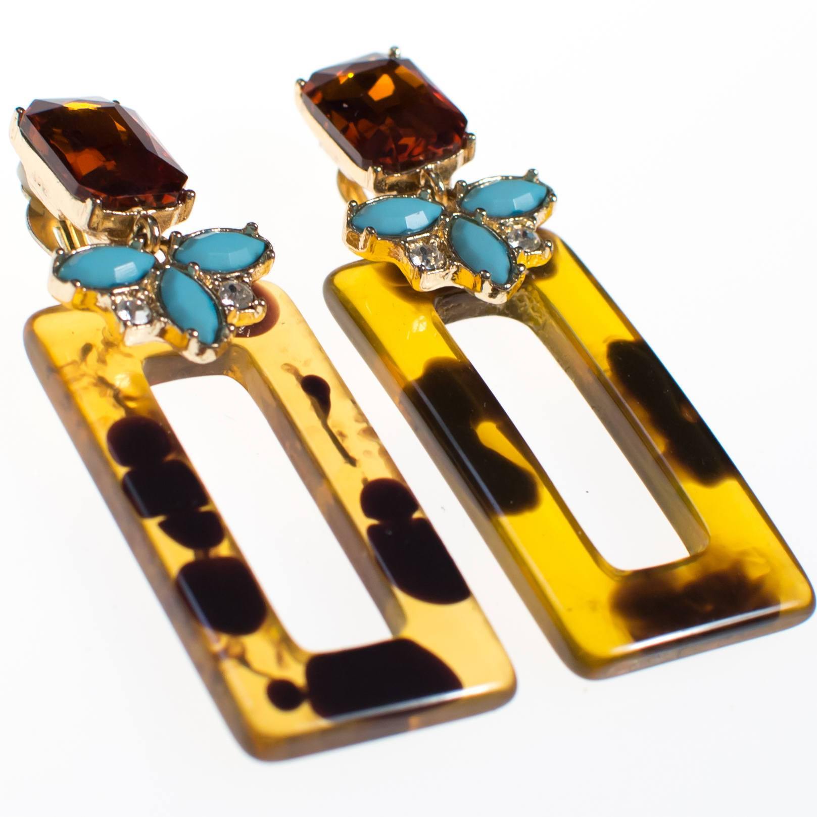 Vintage Faux Tortoise Turquoise and Citrine Rhinestone Earrings, Clip On, Long Dangling by 1990s - Vintage Meet Modern Vintage Jewelry - Chicago, Illinois - #oldhollywoodglamour #vintagemeetmodern #designervintage #jewelrybox #antiquejewelry #vintagejewelry