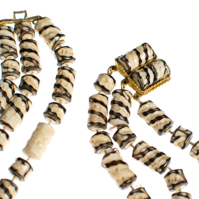 Reserved Payment 1 of 3  Vintage Zebra Striped Triple Strand Beaded Torsade Necklace by 1960s - Vintage Meet Modern Vintage Jewelry - Chicago, Illinois - #oldhollywoodglamour #vintagemeetmodern #designervintage #jewelrybox #antiquejewelry #vintagejewelry