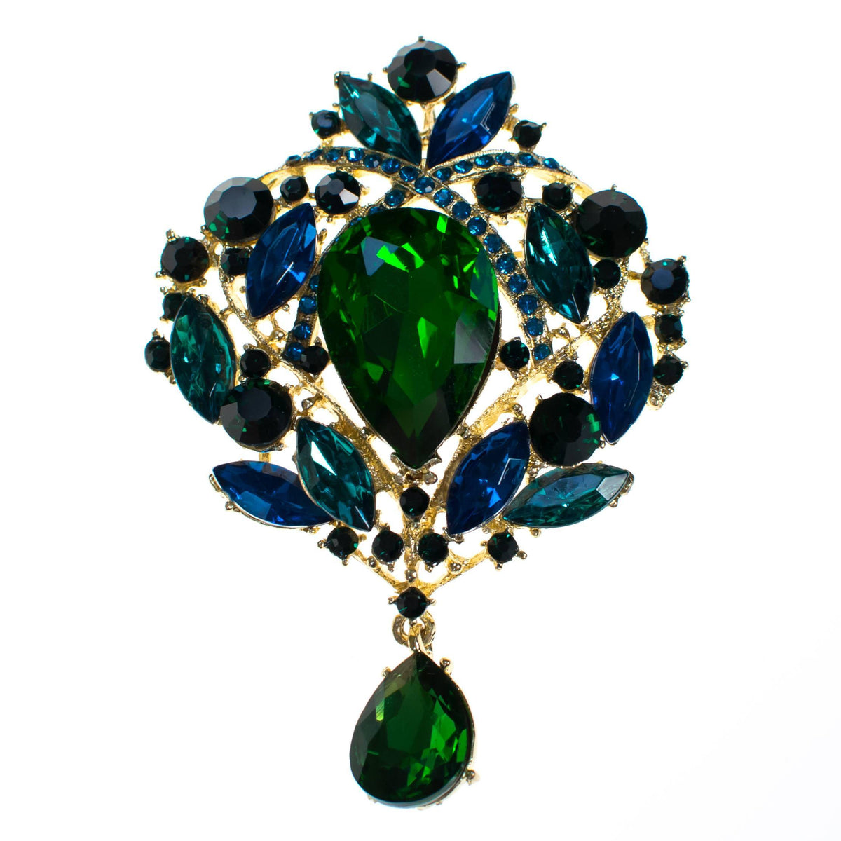 Vintage Emerald Green and Sapphire Blue Brooch with Dangling Pear Shape Crystal