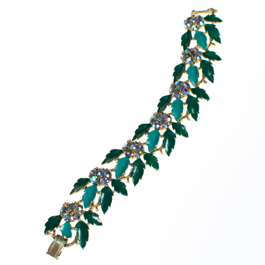 Vintage Lisner Bracelet with Green Enamel Leaves by 1950s - Vintage Meet Modern Vintage Jewelry - Chicago, Illinois - #oldhollywoodglamour #vintagemeetmodern #designervintage #jewelrybox #antiquejewelry #vintagejewelry