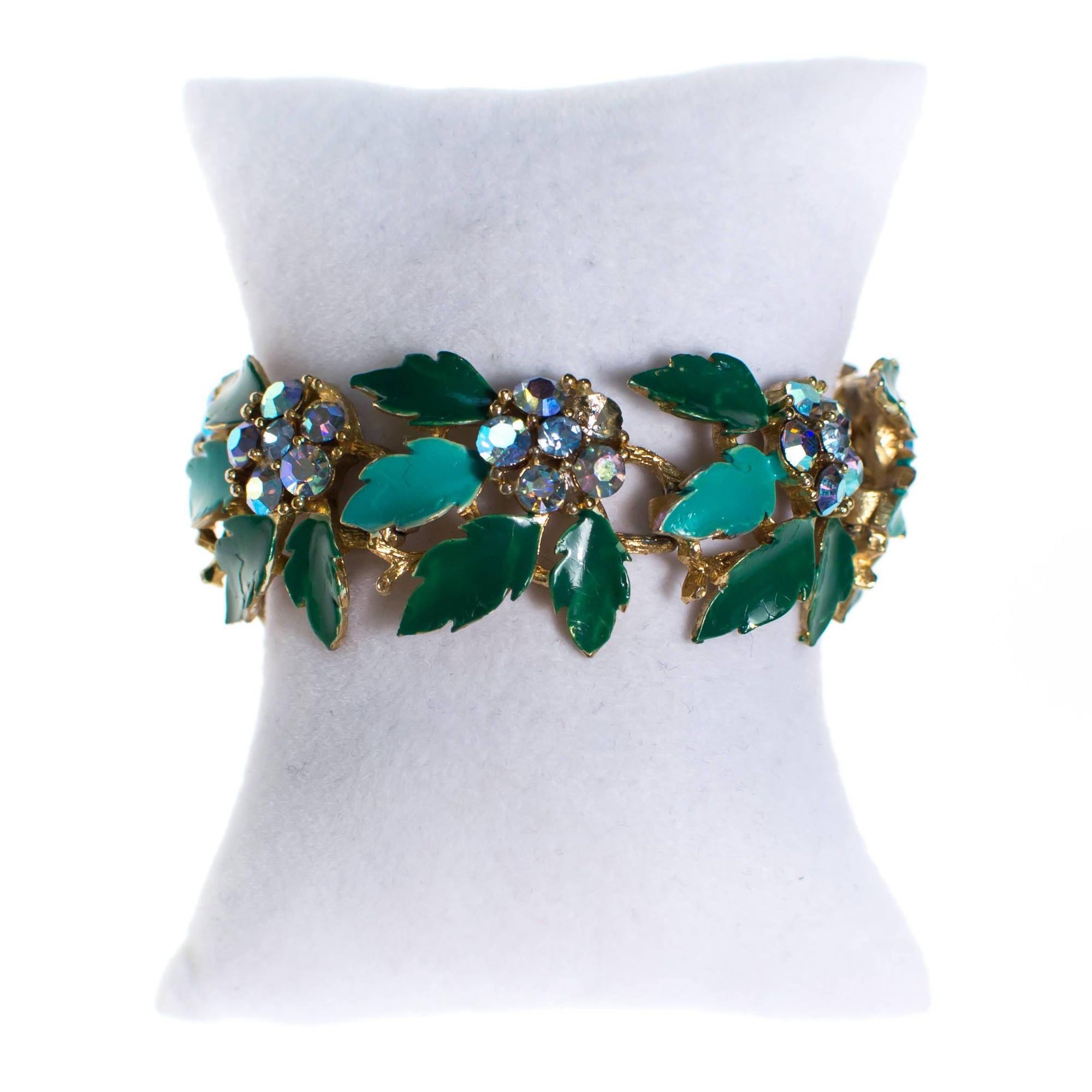 Vintage Lisner Bracelet with Green Enamel Leaves by 1950s - Vintage Meet Modern Vintage Jewelry - Chicago, Illinois - #oldhollywoodglamour #vintagemeetmodern #designervintage #jewelrybox #antiquejewelry #vintagejewelry