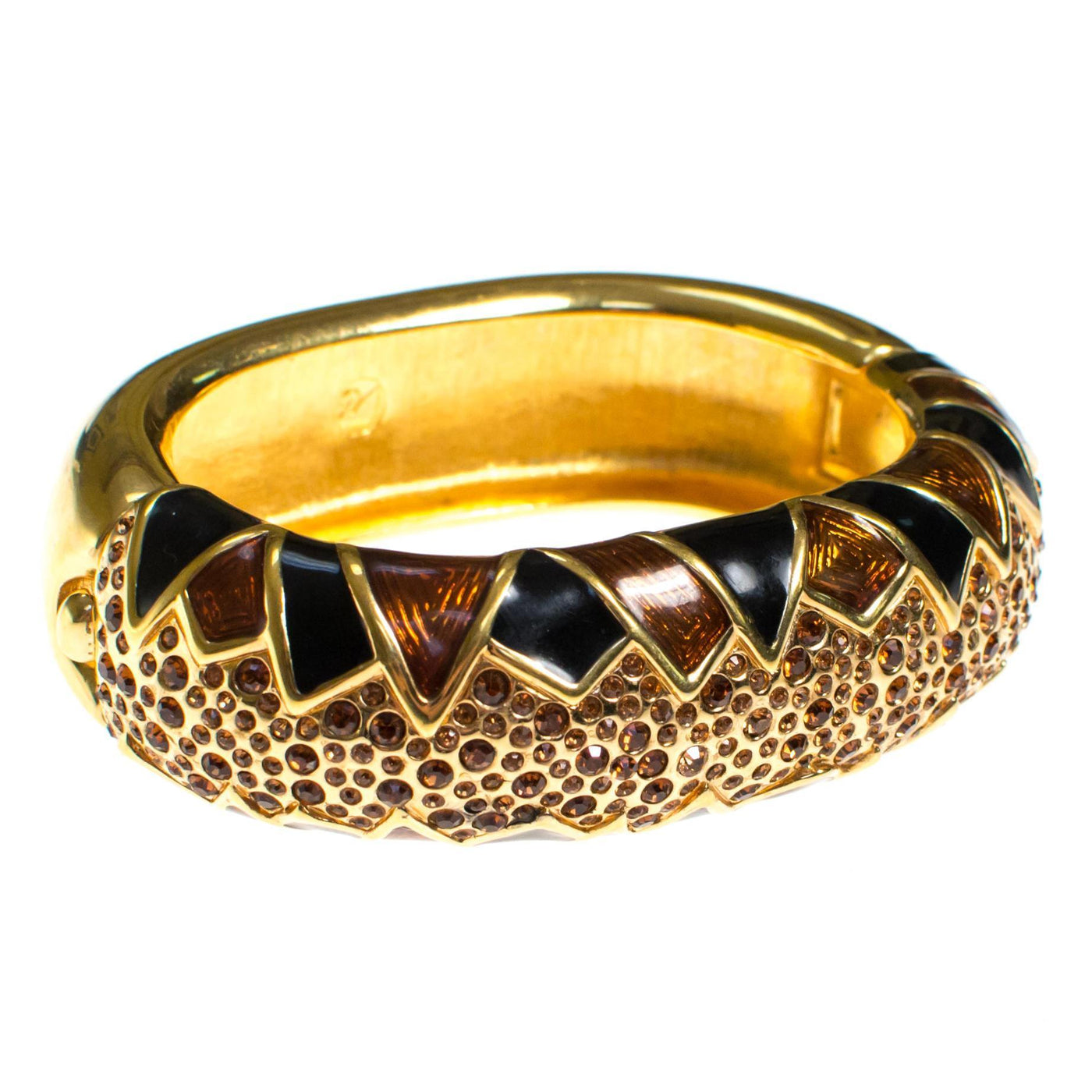 Vintage Swarovski Bangle Bracelet Gold, Black Smokey Topaz, and Amber Rhinestones
