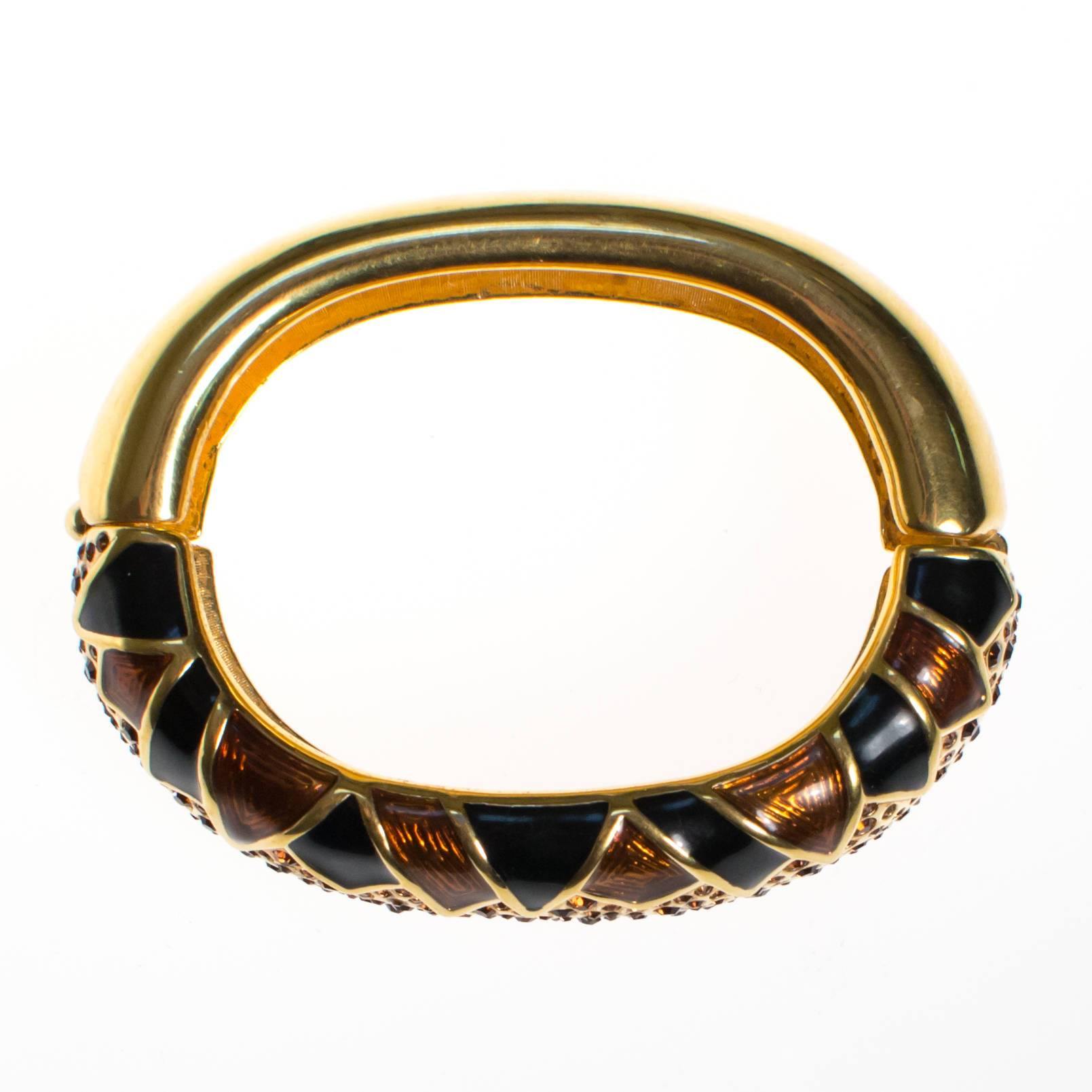 Vintage Swarovski Bangle Bracelet Gold, Black Smokey Topaz, and Amber Rhinestones by Swarovski - Vintage Meet Modern Vintage Jewelry - Chicago, Illinois - #oldhollywoodglamour #vintagemeetmodern #designervintage #jewelrybox #antiquejewelry #vintagejewelry