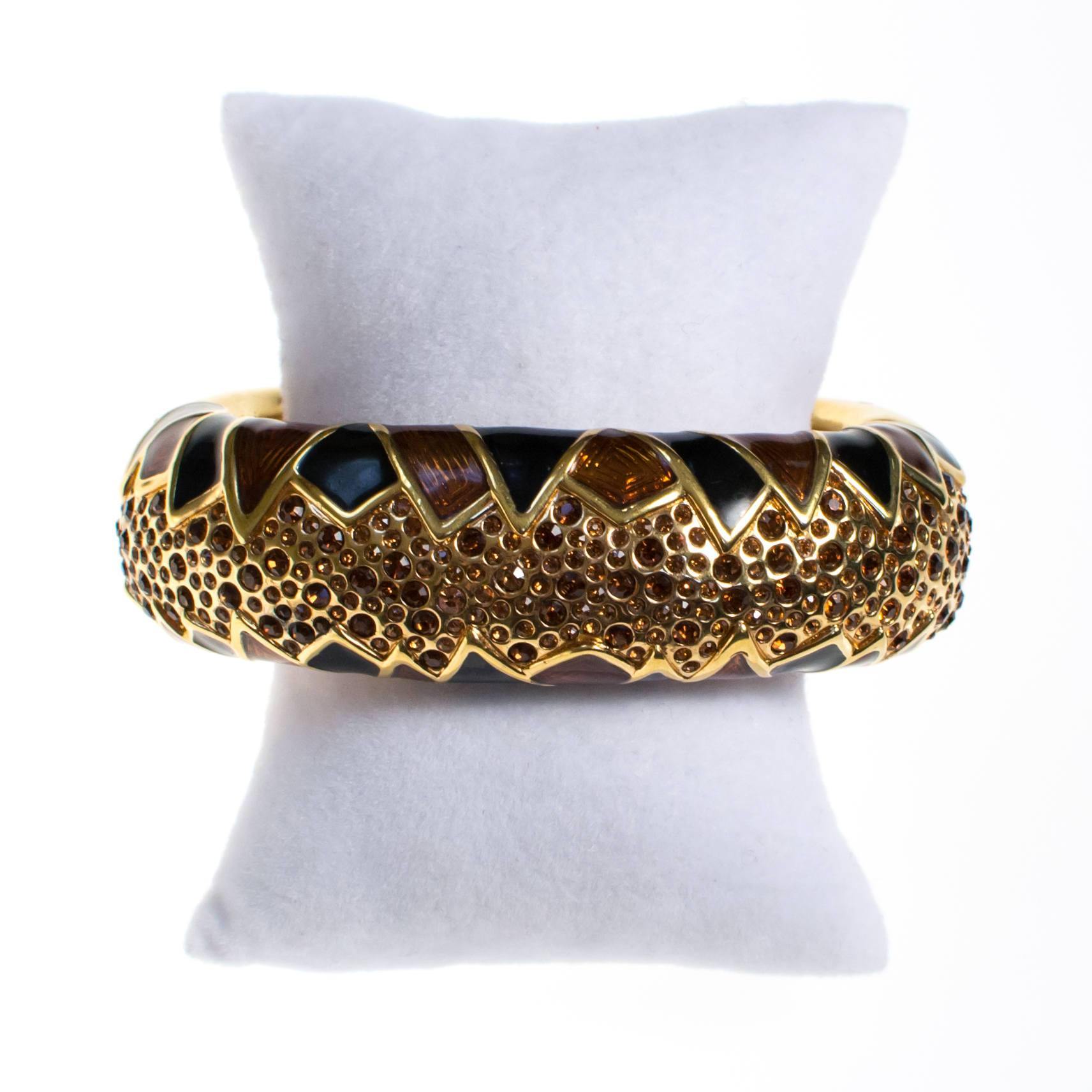 Vintage Swarovski Bangle Bracelet Gold, Black Smokey Topaz, and Amber Rhinestones by Swarovski - Vintage Meet Modern Vintage Jewelry - Chicago, Illinois - #oldhollywoodglamour #vintagemeetmodern #designervintage #jewelrybox #antiquejewelry #vintagejewelry