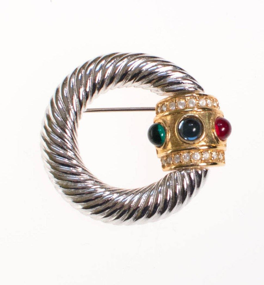 Vintage Silver Cable Hoop Brooch with Royal Colored Cabochon Rhinestones by 1980s - Vintage Meet Modern Vintage Jewelry - Chicago, Illinois - #oldhollywoodglamour #vintagemeetmodern #designervintage #jewelrybox #antiquejewelry #vintagejewelry