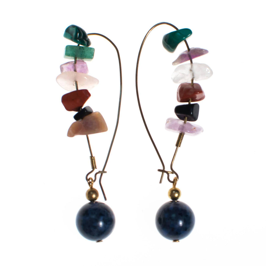 Vintage Semi Precious Gemstone Wire Drop Earrings, Rose Quartz, Jade, Lapis, Coral, Carnelian, Artisan, Boho by 1970s - Vintage Meet Modern Vintage Jewelry - Chicago, Illinois - #oldhollywoodglamour #vintagemeetmodern #designervintage #jewelrybox #antiquejewelry #vintagejewelry