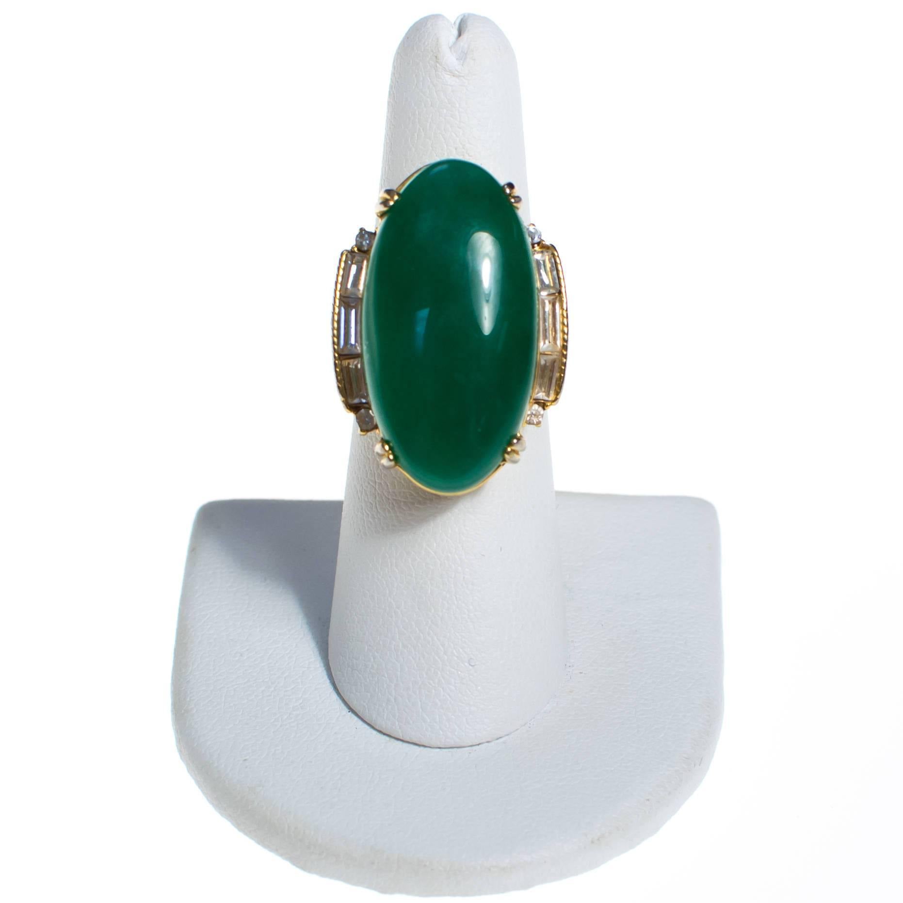 Vintage Faux Jade and Rhinestone Statement Cocktail Ring by 1970s - Vintage Meet Modern Vintage Jewelry - Chicago, Illinois - #oldhollywoodglamour #vintagemeetmodern #designervintage #jewelrybox #antiquejewelry #vintagejewelry