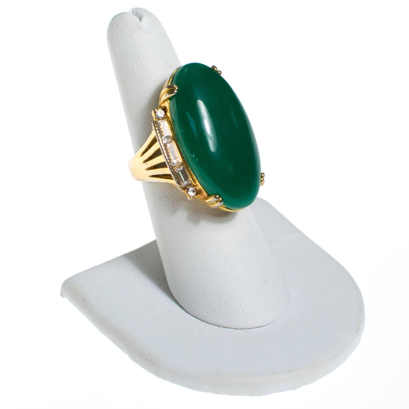 Vintage Faux Jade and Rhinestone Statement Cocktail Ring by 1970s - Vintage Meet Modern Vintage Jewelry - Chicago, Illinois - #oldhollywoodglamour #vintagemeetmodern #designervintage #jewelrybox #antiquejewelry #vintagejewelry