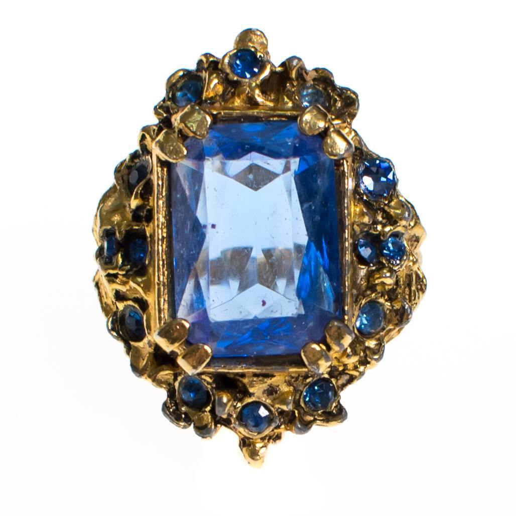 Vintage Sapphire Blue Crystal Statement Ring, Adjustable