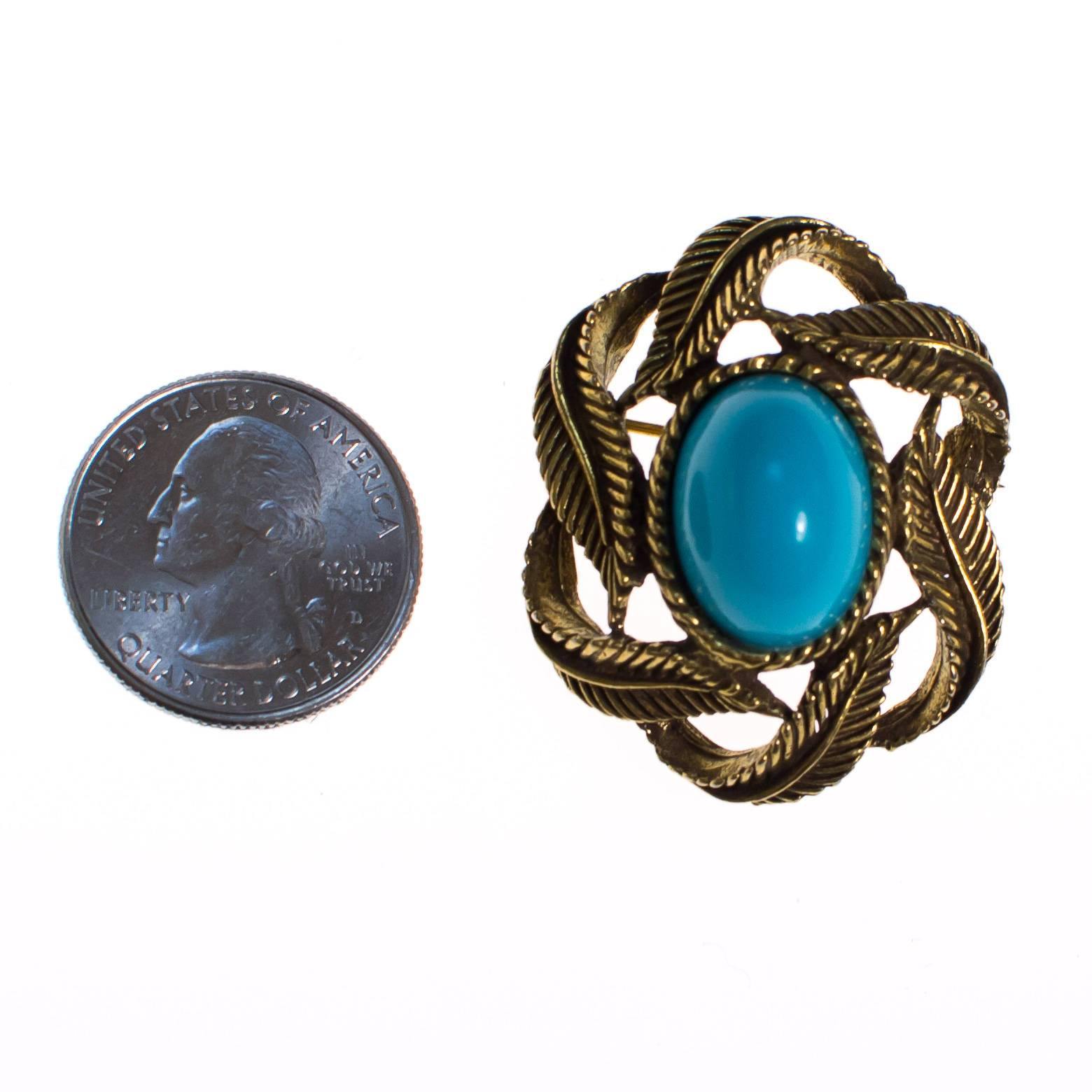 Vintage Gold Tone Brooch with Turquoise Lucite Cabochon by 1960s - Vintage Meet Modern Vintage Jewelry - Chicago, Illinois - #oldhollywoodglamour #vintagemeetmodern #designervintage #jewelrybox #antiquejewelry #vintagejewelry