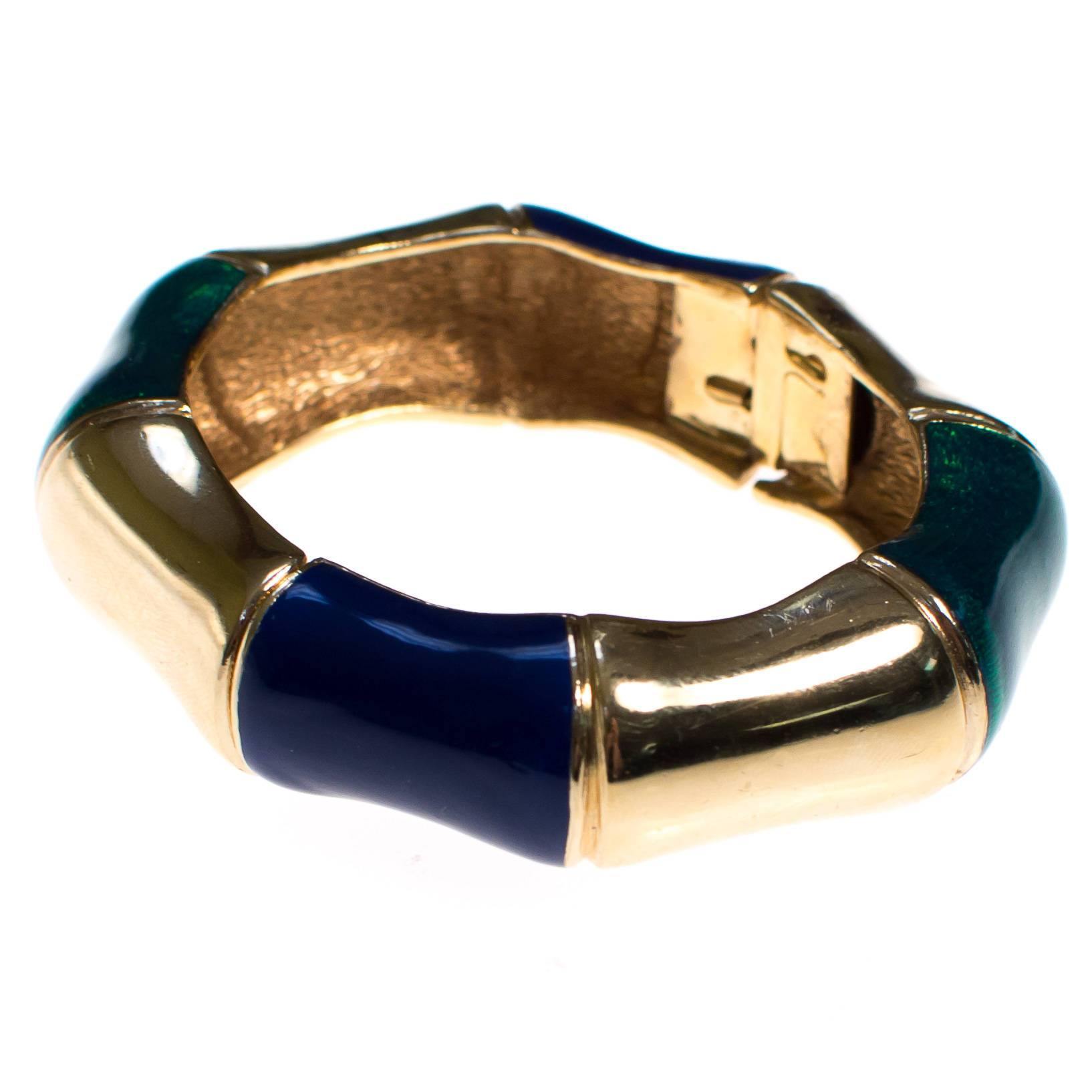 Vintage Ciner Gold, Green and Violet Enamel Bamboo Bangle Bracelet by 1960s - Vintage Meet Modern Vintage Jewelry - Chicago, Illinois - #oldhollywoodglamour #vintagemeetmodern #designervintage #jewelrybox #antiquejewelry #vintagejewelry