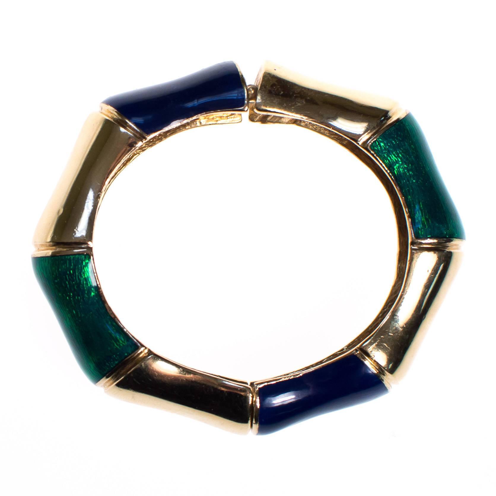 Vintage Ciner Gold, Green and Violet Enamel Bamboo Bangle Bracelet by 1960s - Vintage Meet Modern Vintage Jewelry - Chicago, Illinois - #oldhollywoodglamour #vintagemeetmodern #designervintage #jewelrybox #antiquejewelry #vintagejewelry