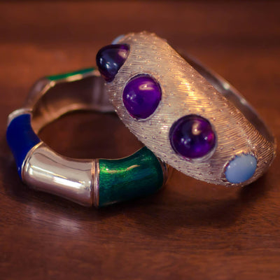 Vintage Ciner Gold, Green and Violet Enamel Bamboo Bangle Bracelet by 1960s - Vintage Meet Modern Vintage Jewelry - Chicago, Illinois - #oldhollywoodglamour #vintagemeetmodern #designervintage #jewelrybox #antiquejewelry #vintagejewelry