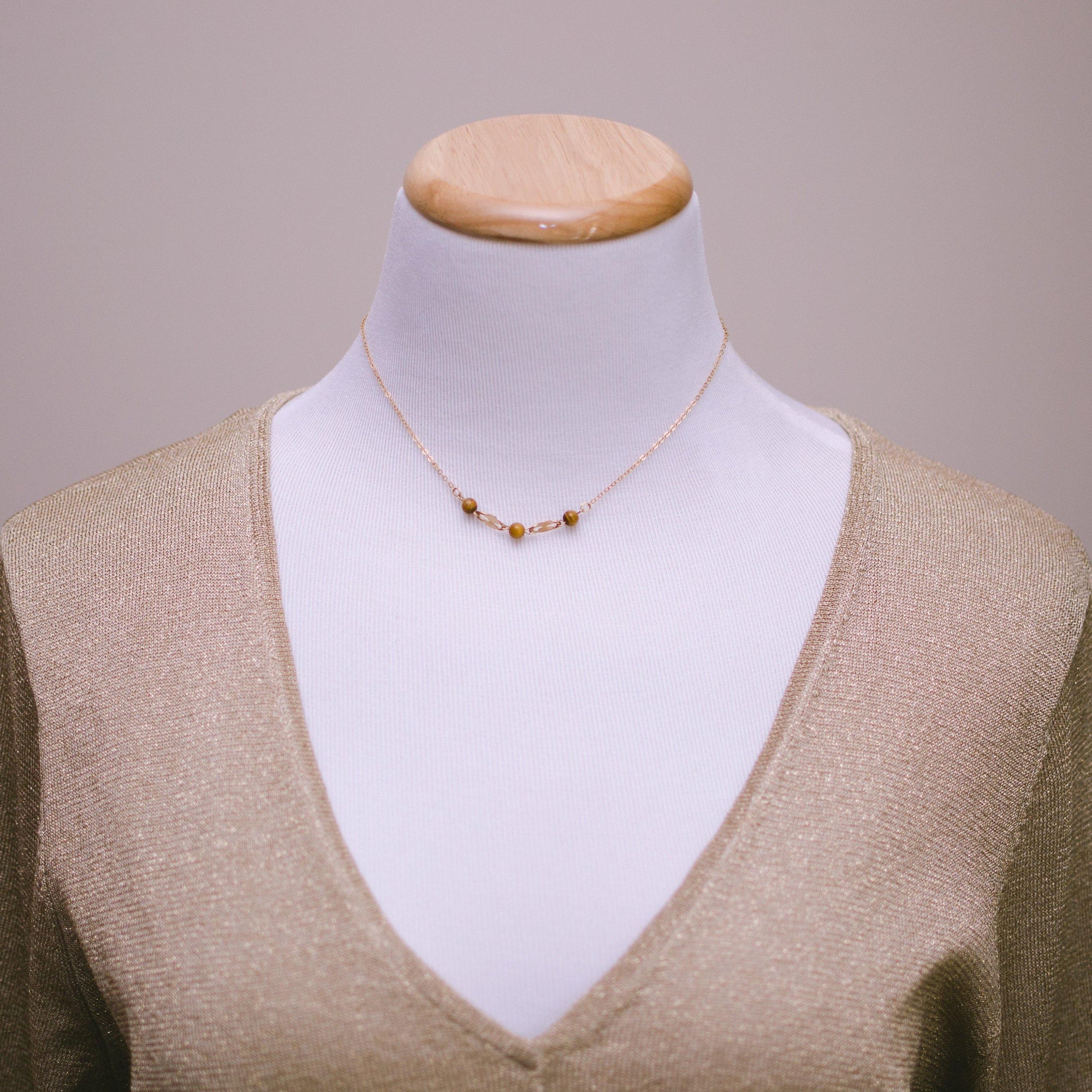 Vintage 1970s Minimalist Gold Filled Tigers Eye Beaded Necklace by 1970s - Vintage Meet Modern Vintage Jewelry - Chicago, Illinois - #oldhollywoodglamour #vintagemeetmodern #designervintage #jewelrybox #antiquejewelry #vintagejewelry