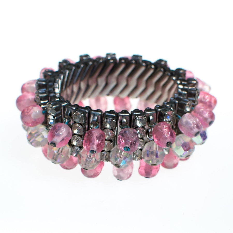Vintage Rhinestone Expansion Bracelet with Aurora Borealis and Pink Crystal Beads by 1950s - Vintage Meet Modern Vintage Jewelry - Chicago, Illinois - #oldhollywoodglamour #vintagemeetmodern #designervintage #jewelrybox #antiquejewelry #vintagejewelry