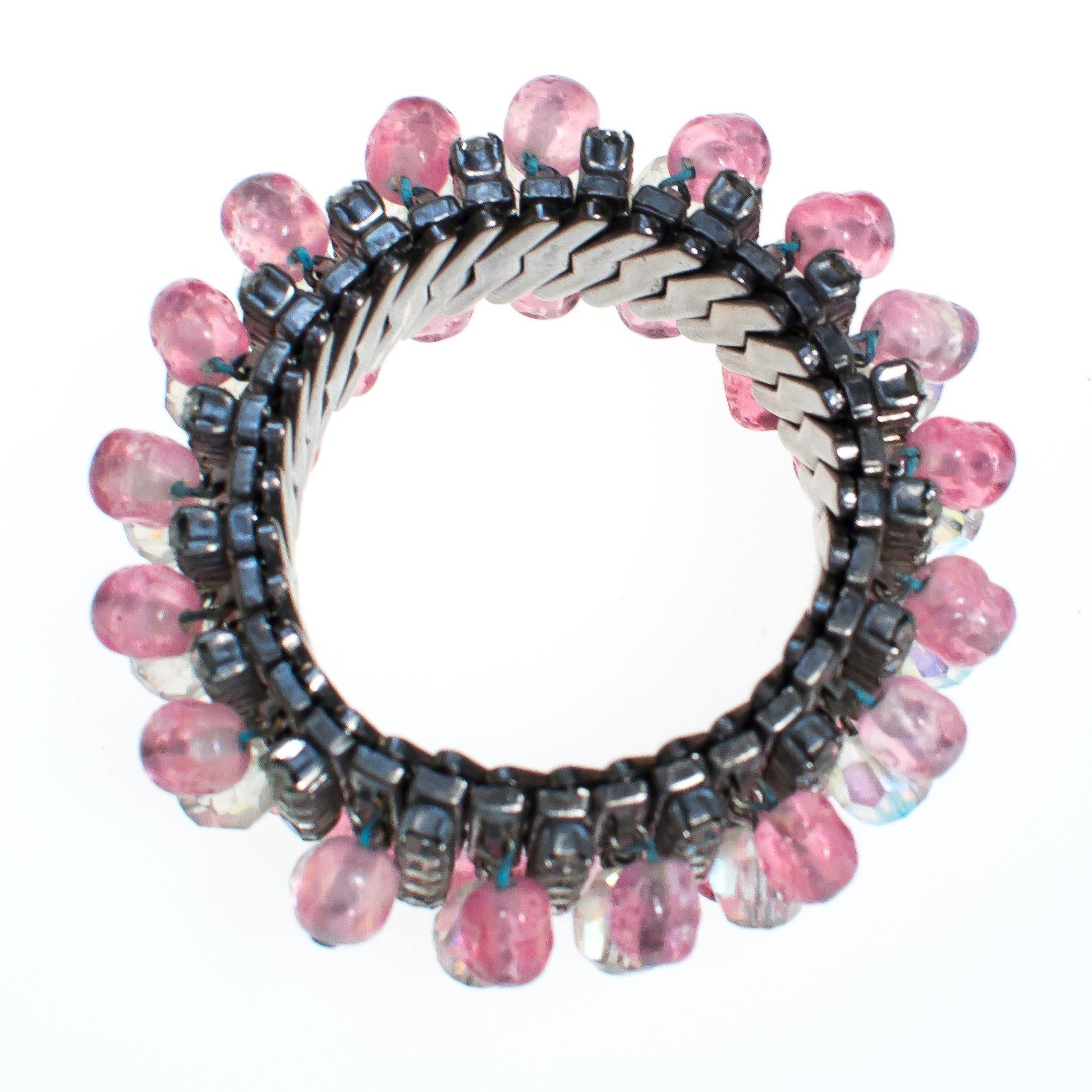 Vintage Rhinestone Expansion Bracelet with Aurora Borealis and Pink Crystal Beads by 1950s - Vintage Meet Modern Vintage Jewelry - Chicago, Illinois - #oldhollywoodglamour #vintagemeetmodern #designervintage #jewelrybox #antiquejewelry #vintagejewelry