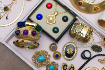 Vintage Castlecliff Bracelet with Gripoix Mogul Colored Cabochons by Castlecliff - Vintage Meet Modern Vintage Jewelry - Chicago, Illinois - #oldhollywoodglamour #vintagemeetmodern #designervintage #jewelrybox #antiquejewelry #vintagejewelry