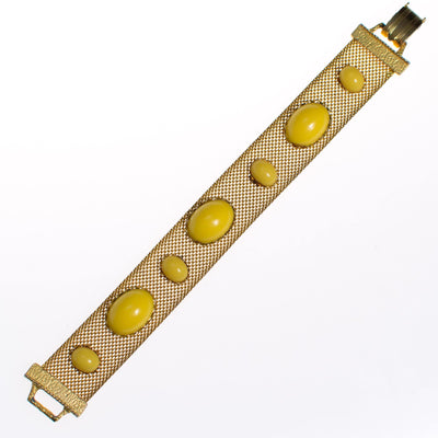 Vintage Gold Mesh Bracelet with Yellow Lucite Cabochons by 1960s - Vintage Meet Modern Vintage Jewelry - Chicago, Illinois - #oldhollywoodglamour #vintagemeetmodern #designervintage #jewelrybox #antiquejewelry #vintagejewelry