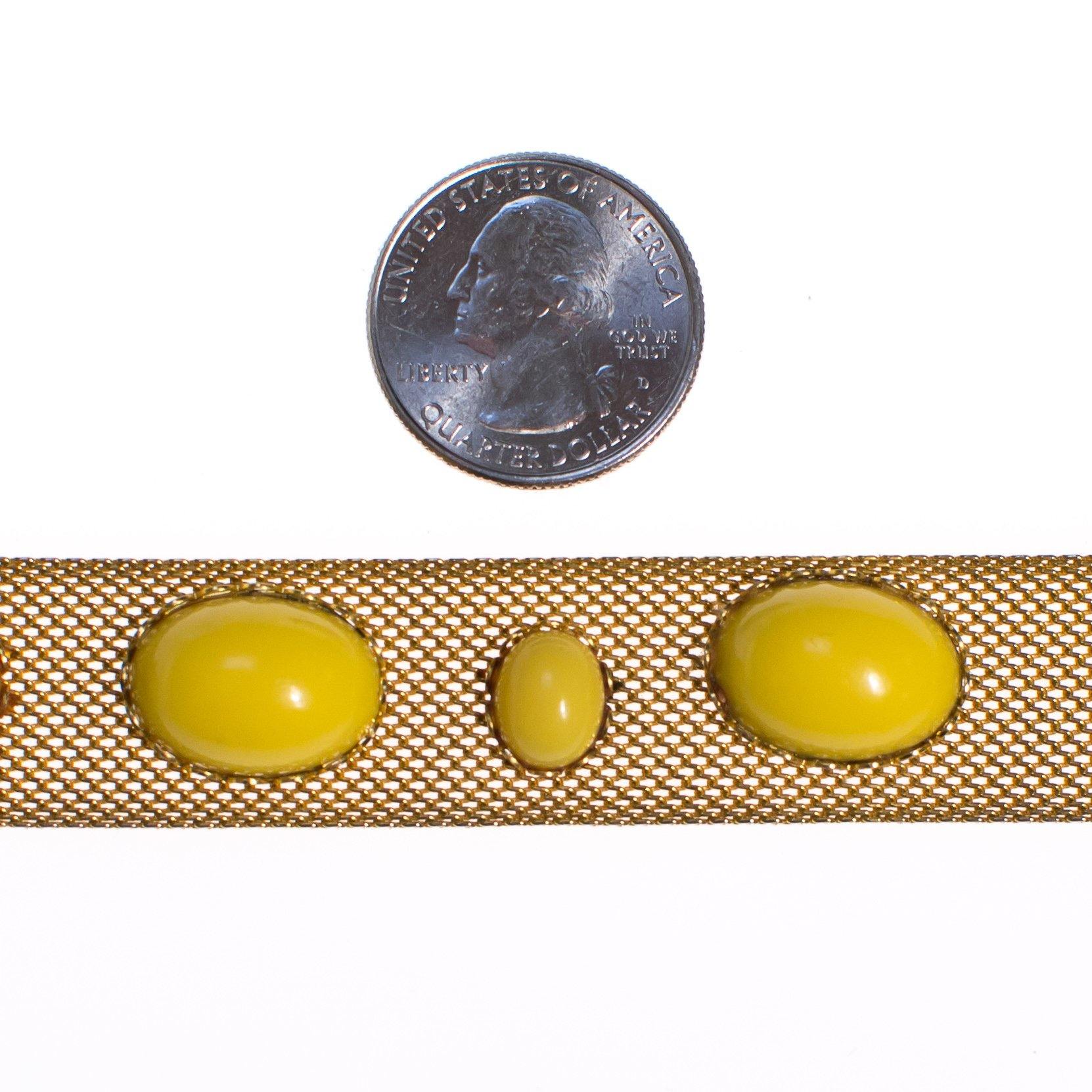 Vintage Gold Mesh Bracelet with Yellow Lucite Cabochons by 1960s - Vintage Meet Modern Vintage Jewelry - Chicago, Illinois - #oldhollywoodglamour #vintagemeetmodern #designervintage #jewelrybox #antiquejewelry #vintagejewelry