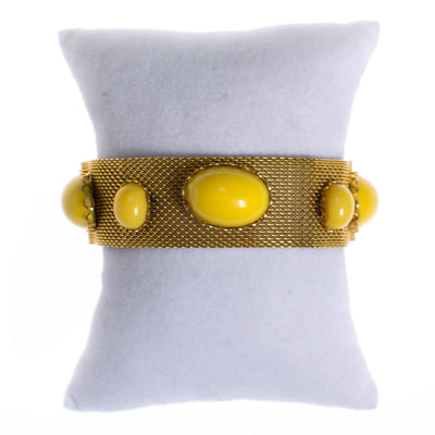 Vintage Gold Mesh Bracelet with Yellow Lucite Cabochons by 1960s - Vintage Meet Modern Vintage Jewelry - Chicago, Illinois - #oldhollywoodglamour #vintagemeetmodern #designervintage #jewelrybox #antiquejewelry #vintagejewelry