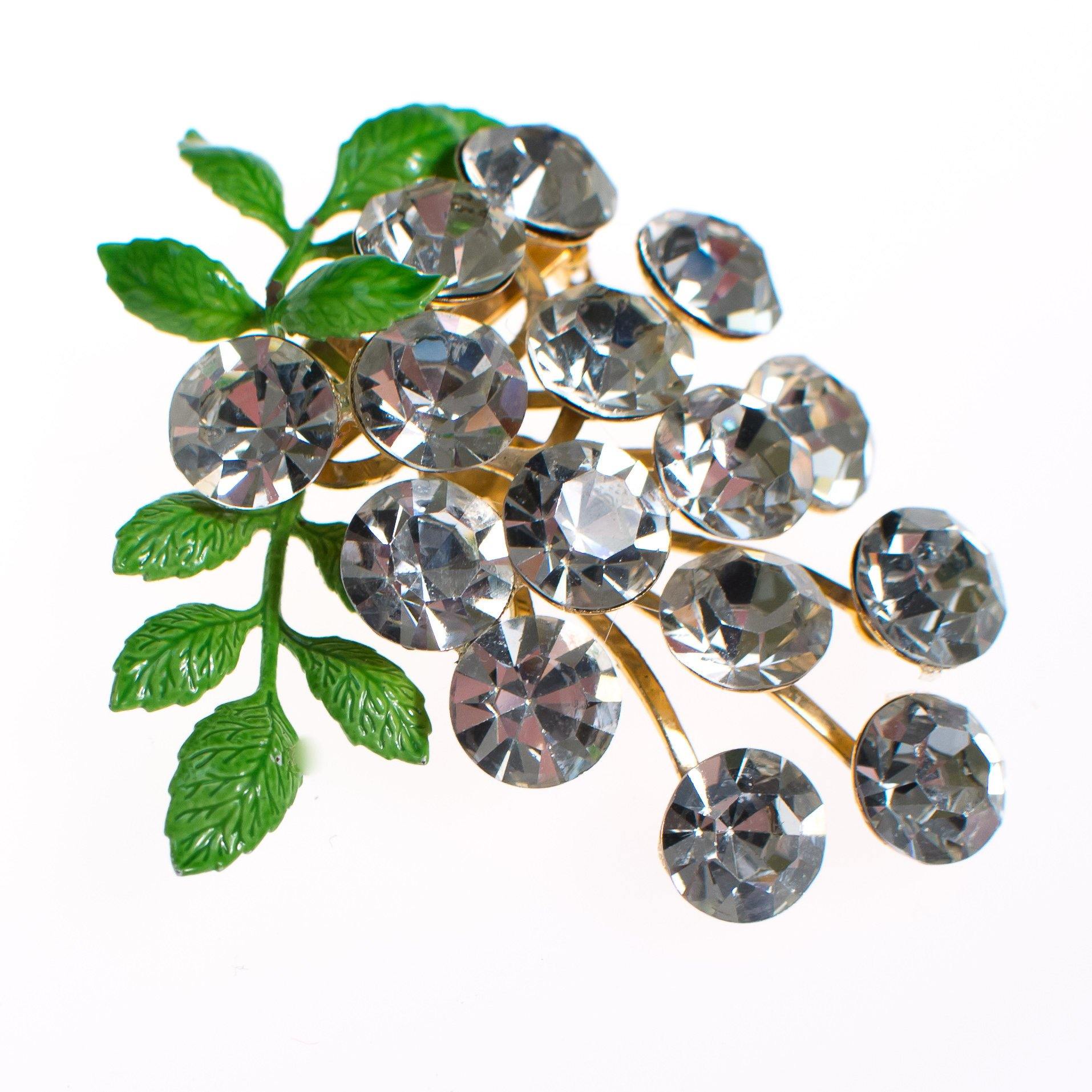 Vintage Rhinestone Berries Brooch with Green Leaves by 1950s - Vintage Meet Modern Vintage Jewelry - Chicago, Illinois - #oldhollywoodglamour #vintagemeetmodern #designervintage #jewelrybox #antiquejewelry #vintagejewelry