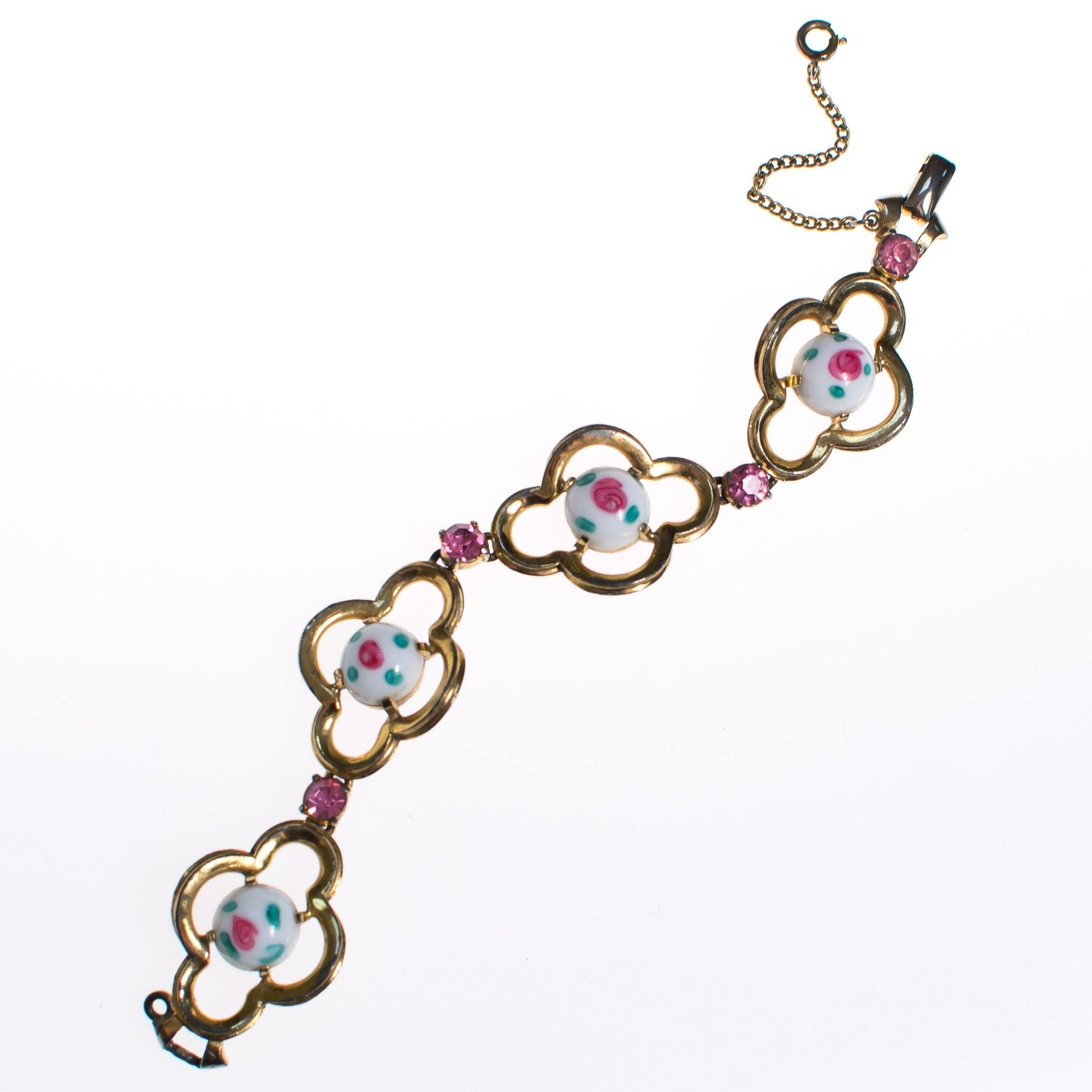 Vintage Schiaparelli Milk Glass with Pink Rose Quatrafoil Link Bracelet with Pink Rhinestones by Schiaparelli - Vintage Meet Modern Vintage Jewelry - Chicago, Illinois - #oldhollywoodglamour #vintagemeetmodern #designervintage #jewelrybox #antiquejewelry #vintagejewelry