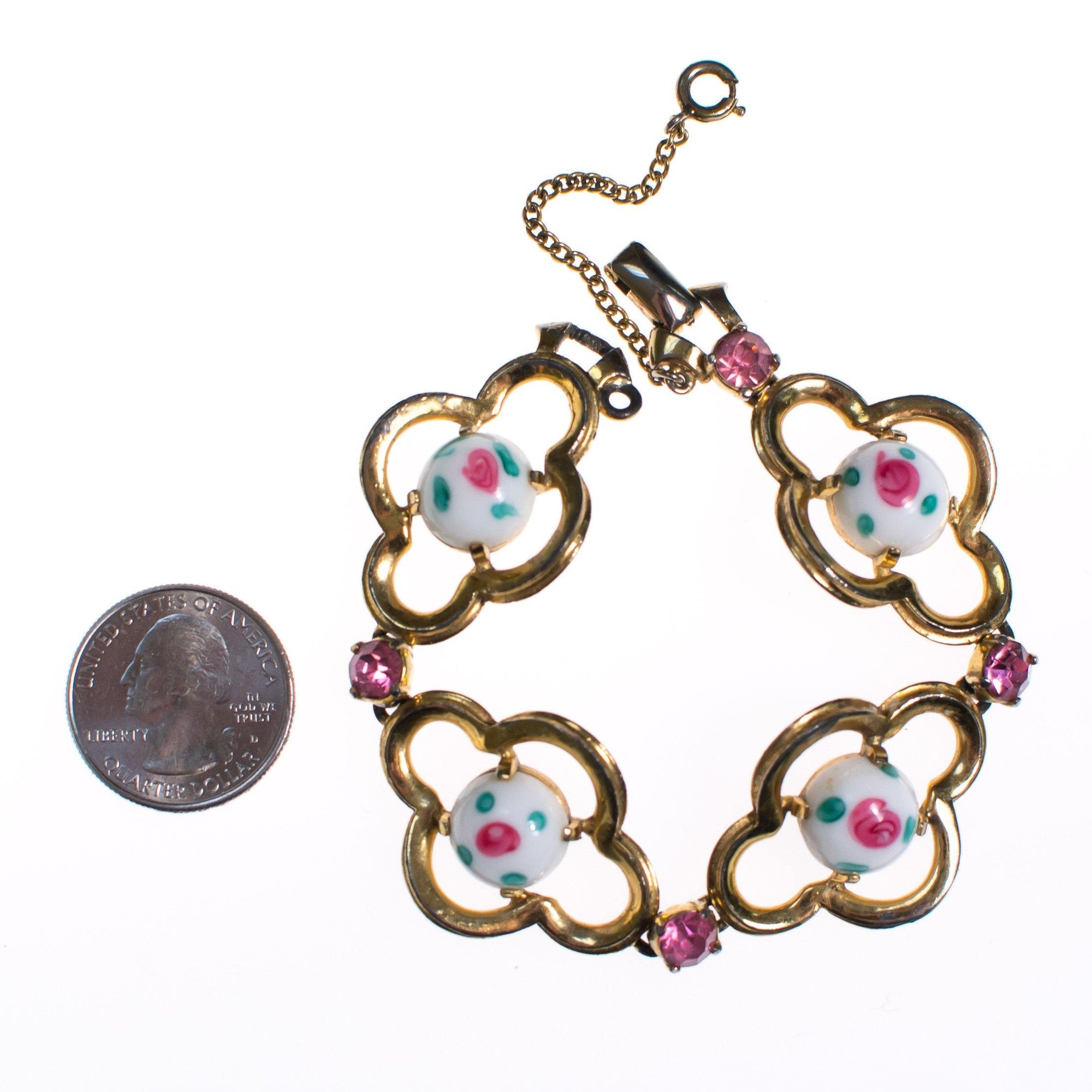 Vintage Schiaparelli Milk Glass with Pink Rose Quatrafoil Link Bracelet with Pink Rhinestones by Schiaparelli - Vintage Meet Modern Vintage Jewelry - Chicago, Illinois - #oldhollywoodglamour #vintagemeetmodern #designervintage #jewelrybox #antiquejewelry #vintagejewelry