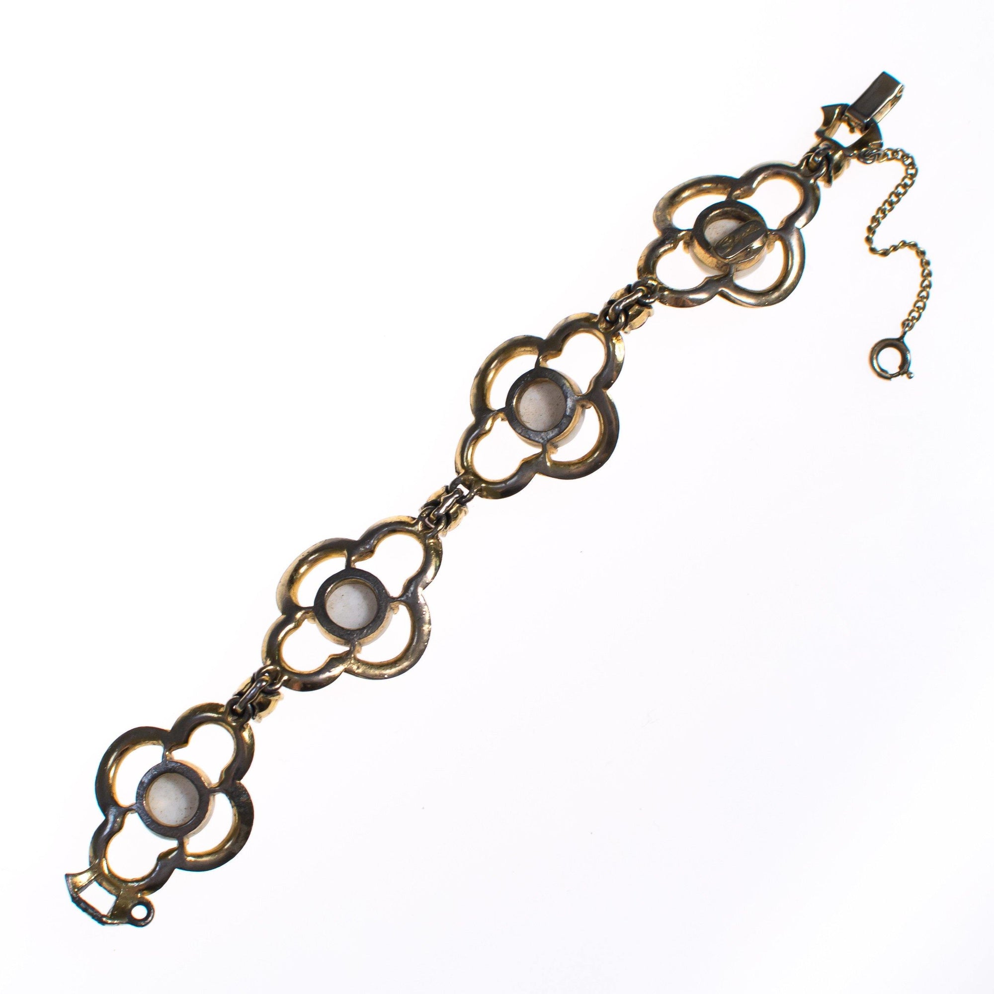 Vintage Schiaparelli Milk Glass with Pink Rose Quatrafoil Link Bracelet with Pink Rhinestones by Schiaparelli - Vintage Meet Modern Vintage Jewelry - Chicago, Illinois - #oldhollywoodglamour #vintagemeetmodern #designervintage #jewelrybox #antiquejewelry #vintagejewelry