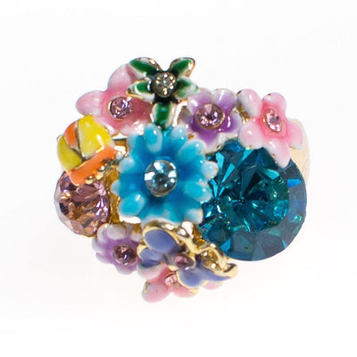 Vintage Blue Rhinestone Statement Ring with Colorful Painted Enamel Flowers by 1990s - Vintage Meet Modern Vintage Jewelry - Chicago, Illinois - #oldhollywoodglamour #vintagemeetmodern #designervintage #jewelrybox #antiquejewelry #vintagejewelry