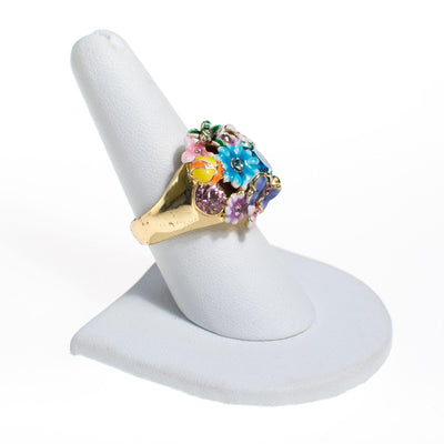 Vintage Blue Rhinestone Statement Ring with Colorful Painted Enamel Flowers by 1990s - Vintage Meet Modern Vintage Jewelry - Chicago, Illinois - #oldhollywoodglamour #vintagemeetmodern #designervintage #jewelrybox #antiquejewelry #vintagejewelry