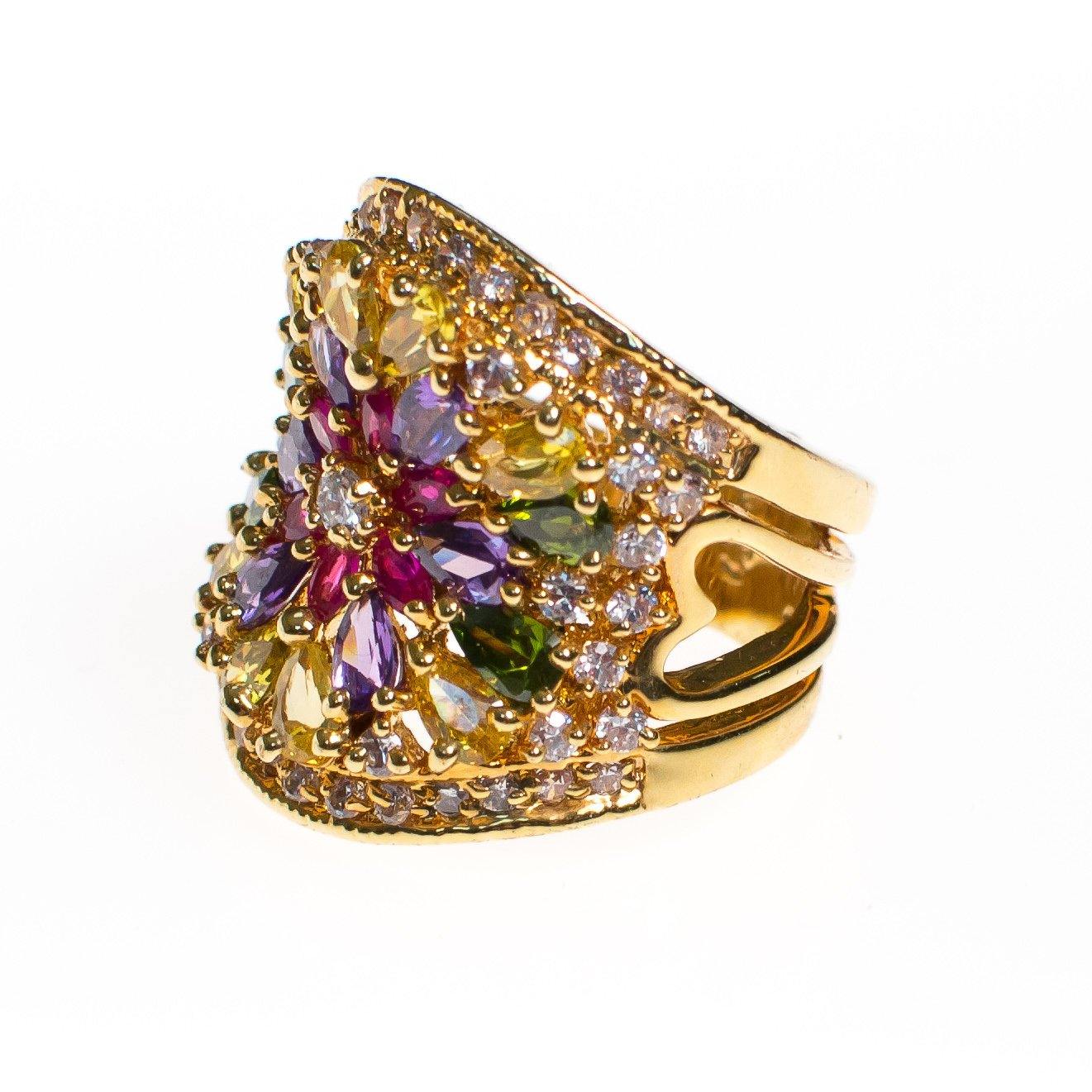 Vintage Rainbow CZ Flower Statement Ring, 18kt Gold Plated over Sterling Silver by 1980s - Vintage Meet Modern Vintage Jewelry - Chicago, Illinois - #oldhollywoodglamour #vintagemeetmodern #designervintage #jewelrybox #antiquejewelry #vintagejewelry