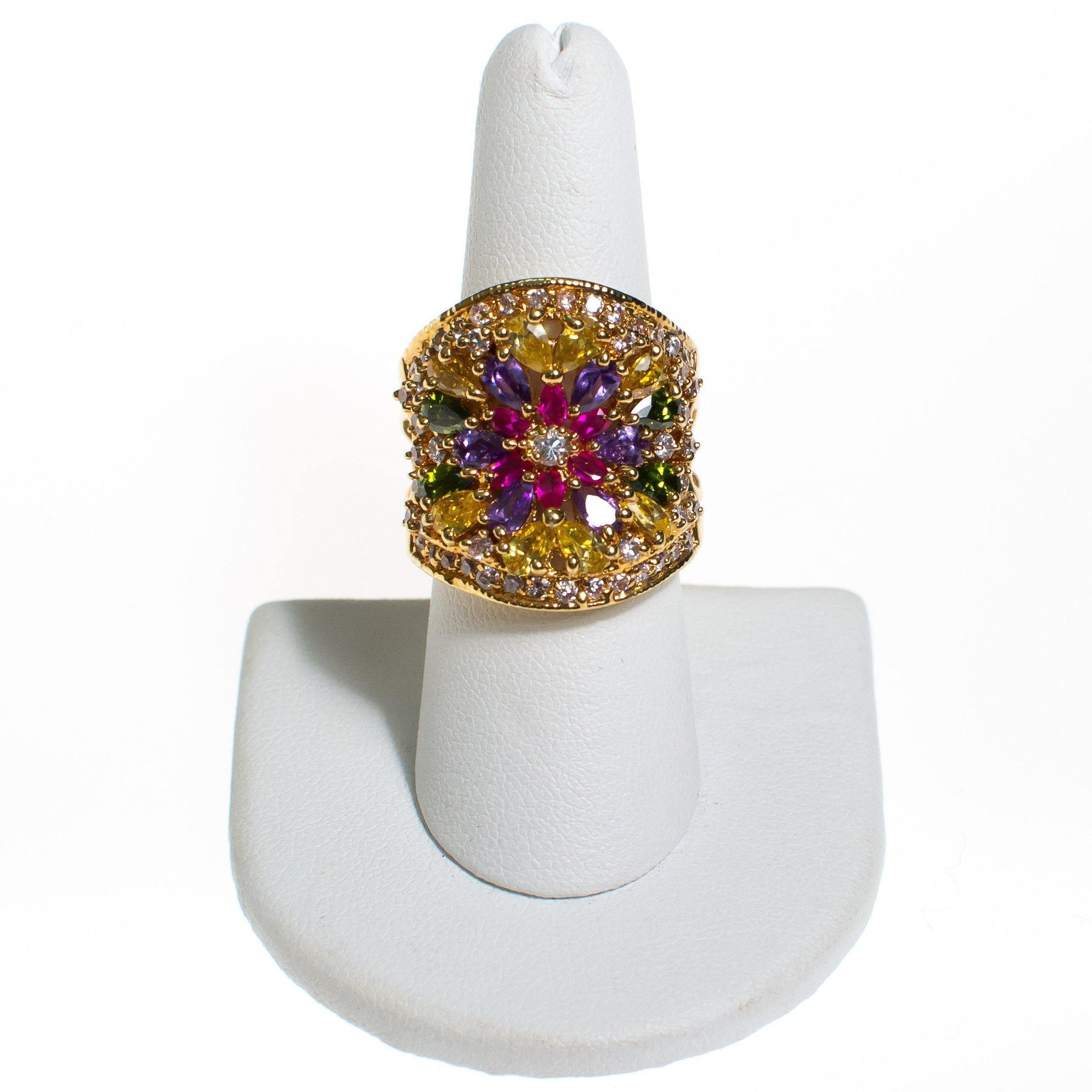 Vintage Rainbow CZ Flower Statement Ring, 18kt Gold Plated over Sterling Silver by 1980s - Vintage Meet Modern Vintage Jewelry - Chicago, Illinois - #oldhollywoodglamour #vintagemeetmodern #designervintage #jewelrybox #antiquejewelry #vintagejewelry
