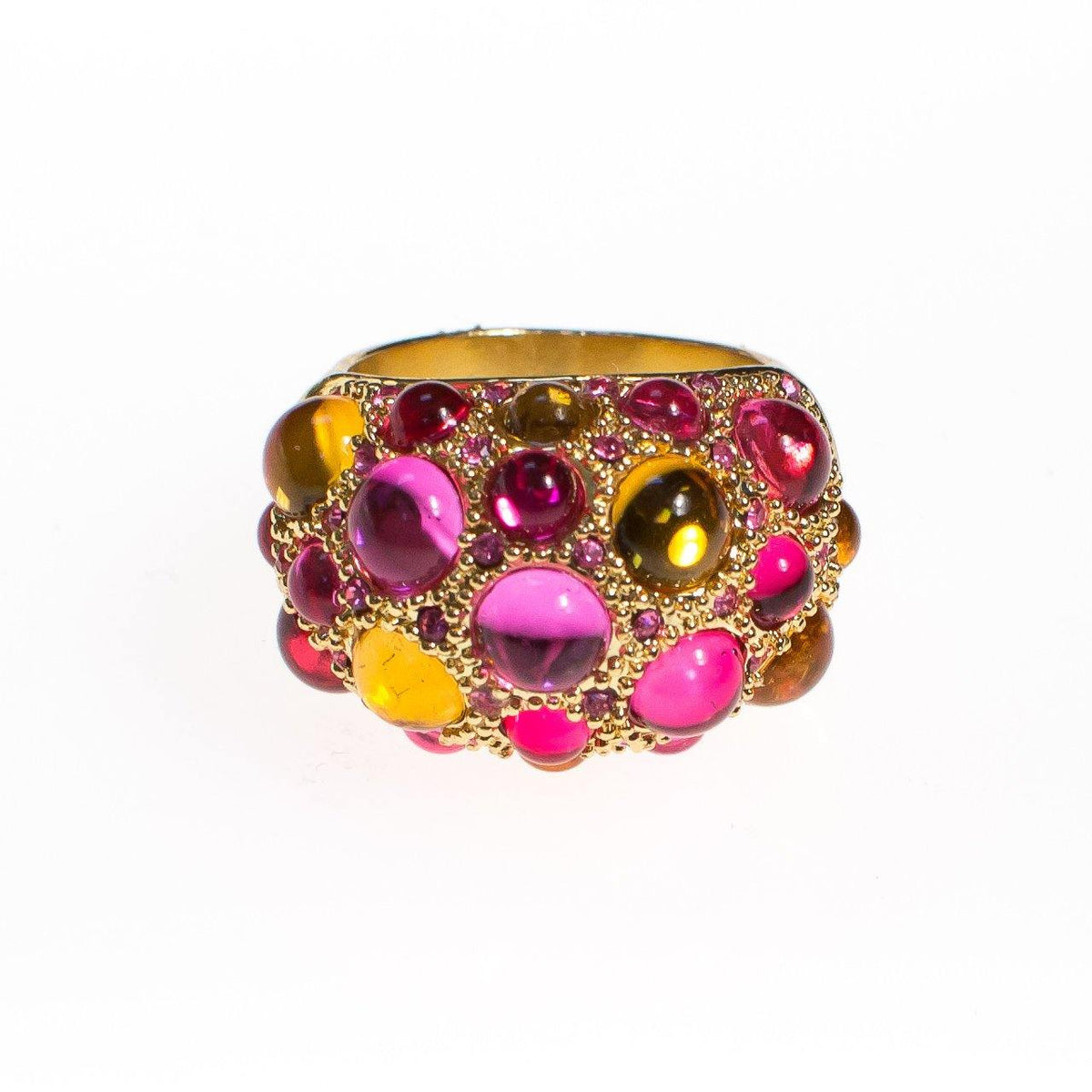 Vintage Rhinestone Domed Statement Ring with Yellow and Pink Crystal Cabochons