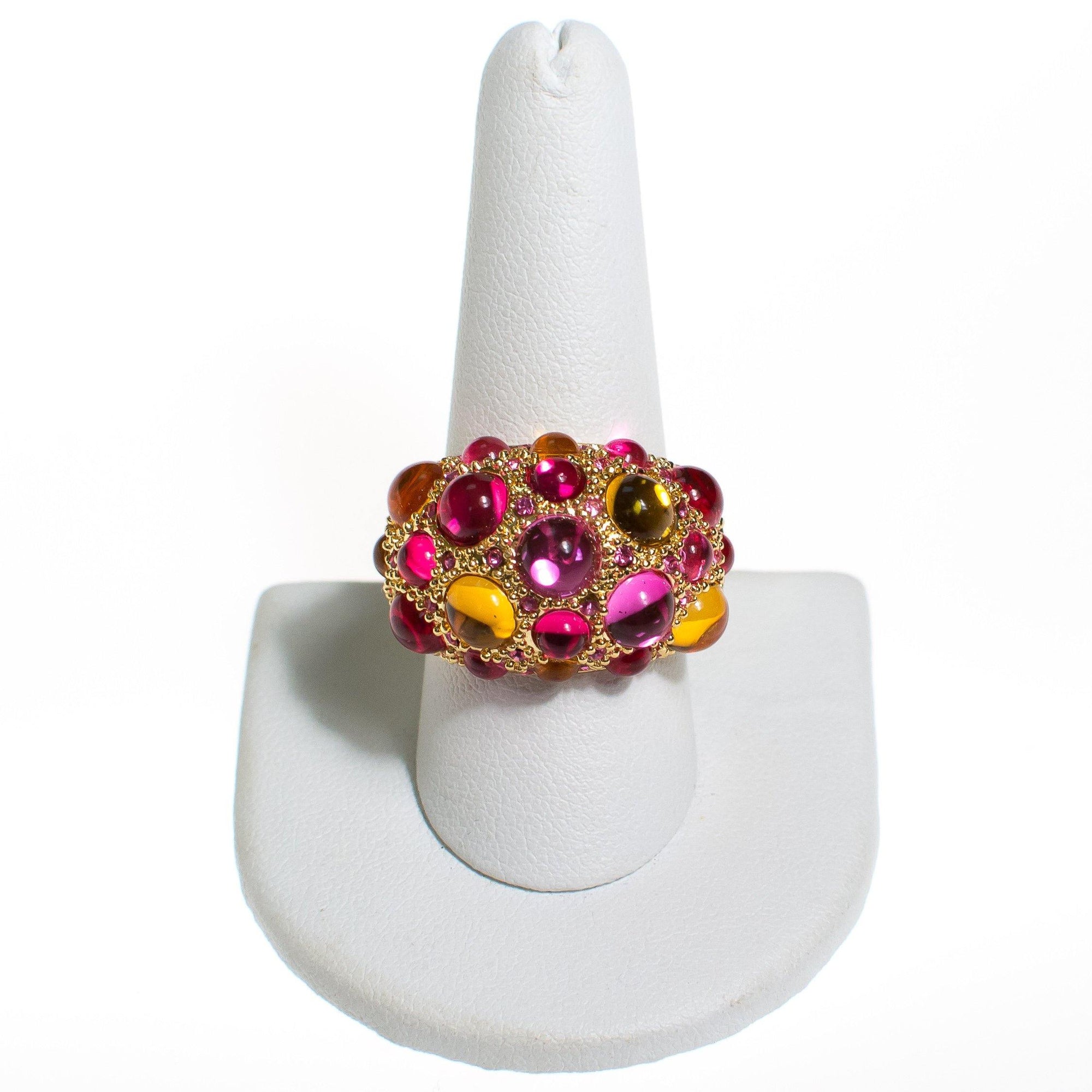Vintage Rhinestone Domed Statement Ring with Yellow and Pink Crystal Cabochons by 1980s - Vintage Meet Modern Vintage Jewelry - Chicago, Illinois - #oldhollywoodglamour #vintagemeetmodern #designervintage #jewelrybox #antiquejewelry #vintagejewelry