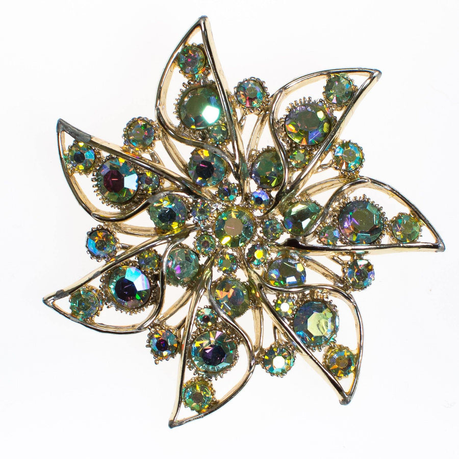 Vintage Gold Aurora Borealis Crystal Rhinestone Brooch by Aurora Borealis - Vintage Meet Modern Vintage Jewelry - Chicago, Illinois - #oldhollywoodglamour #vintagemeetmodern #designervintage #jewelrybox #antiquejewelry #vintagejewelry