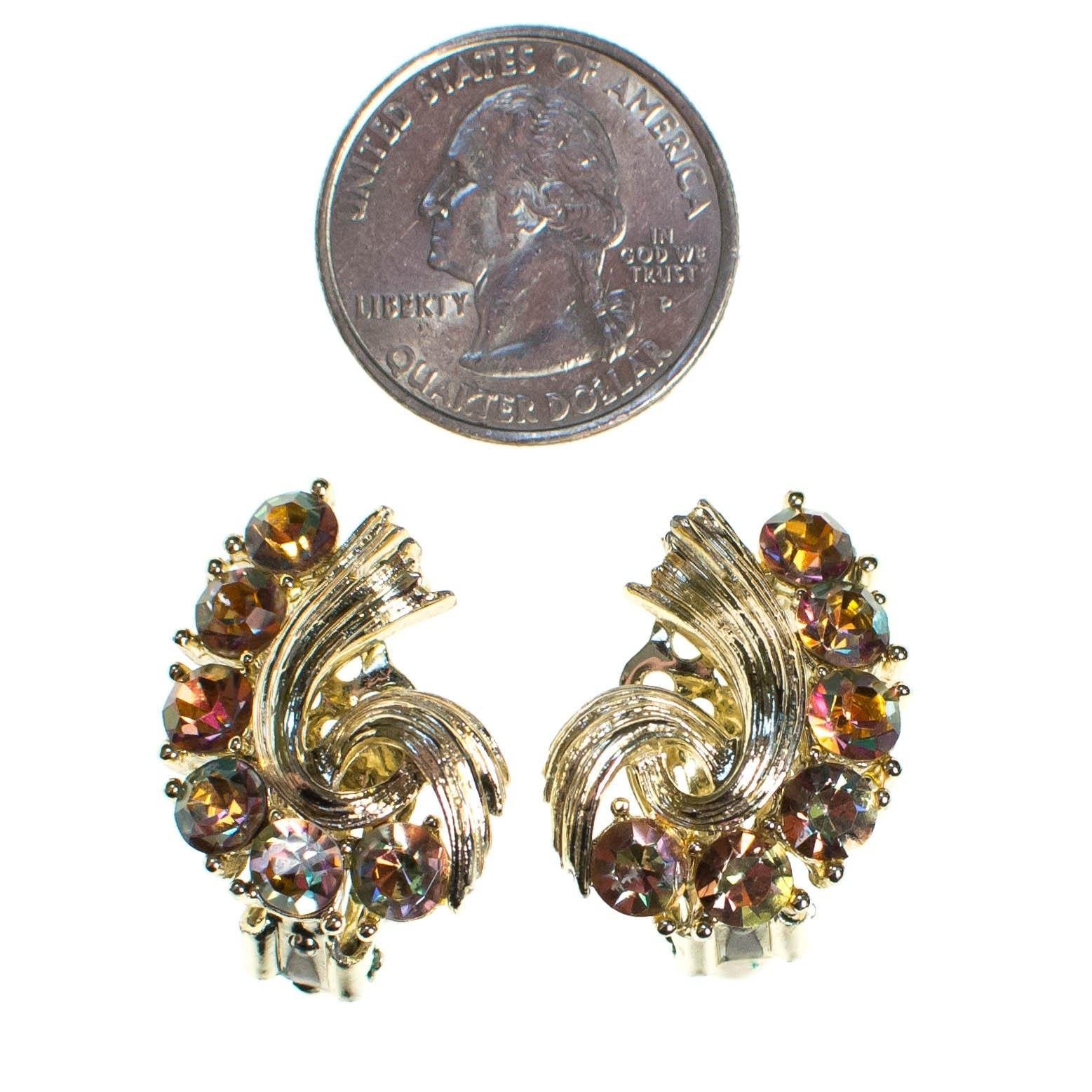 Vintage Lisner Golden Citrine and Topaz Rhinestone Earrings, Clip On by 1960s - Vintage Meet Modern Vintage Jewelry - Chicago, Illinois - #oldhollywoodglamour #vintagemeetmodern #designervintage #jewelrybox #antiquejewelry #vintagejewelry