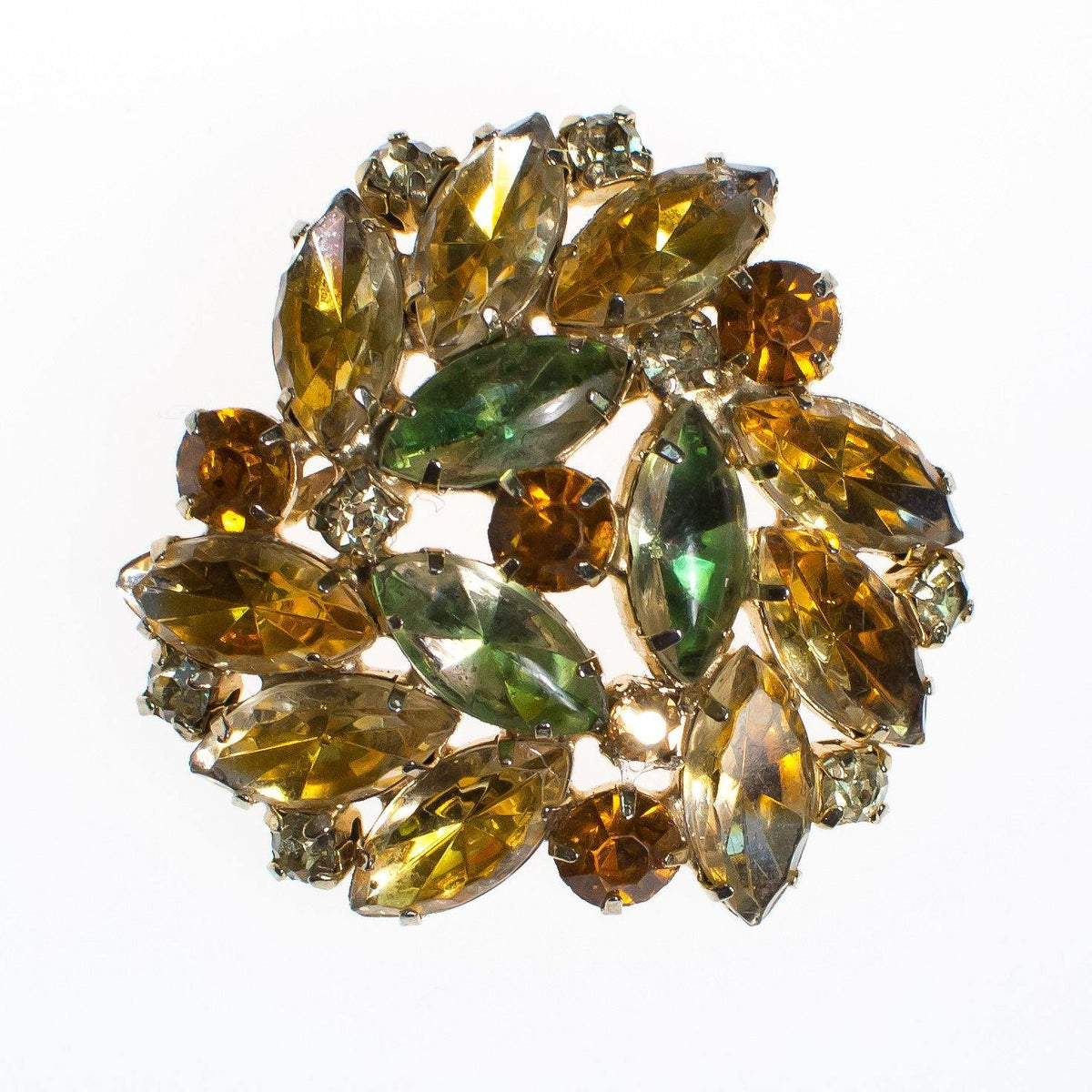 Vintage Green and Yellow Topaz Rhinestone Brooch