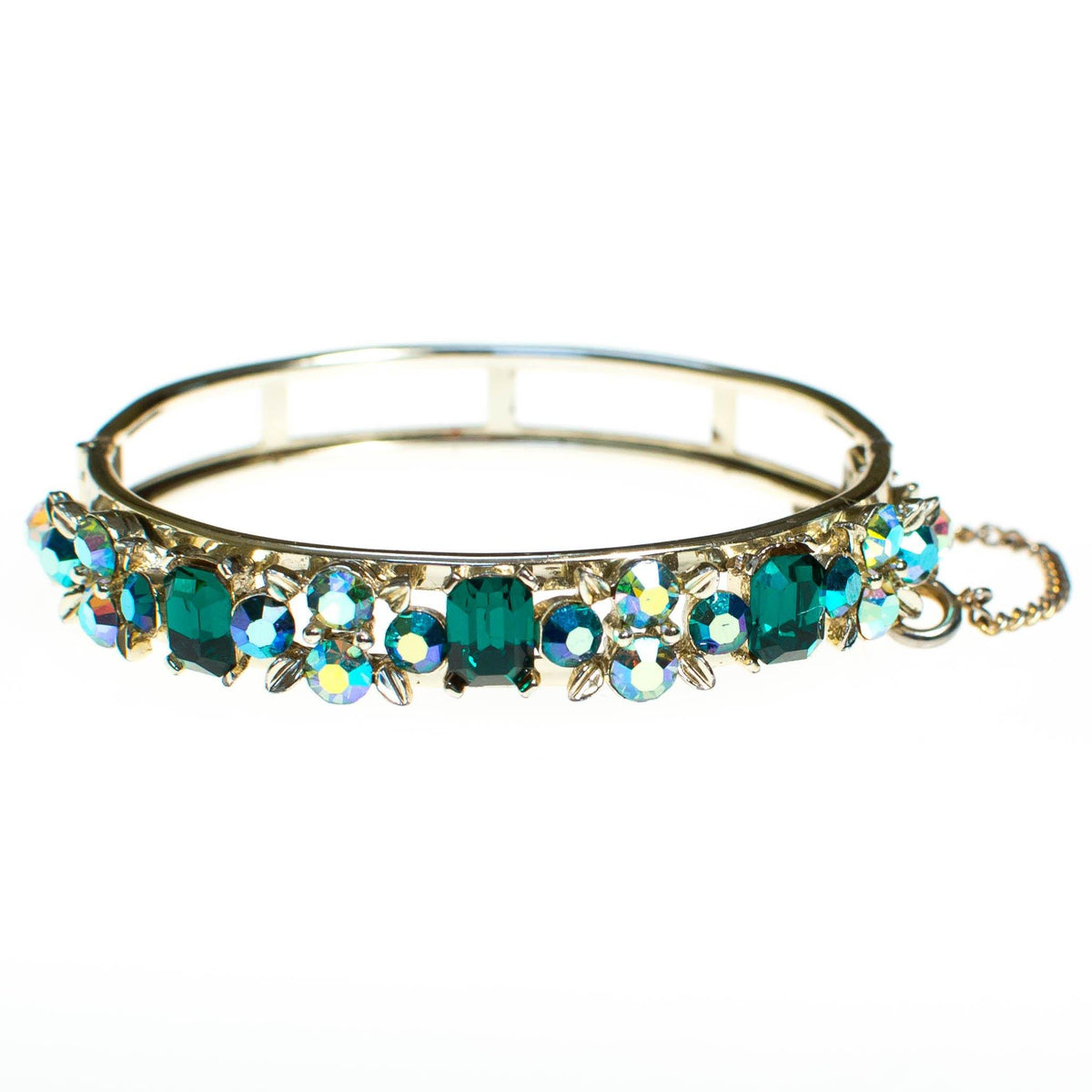Vintage Lisner Hinged Bangle Bracelet with Emerald Green and Aurora Borealis Rhinestones