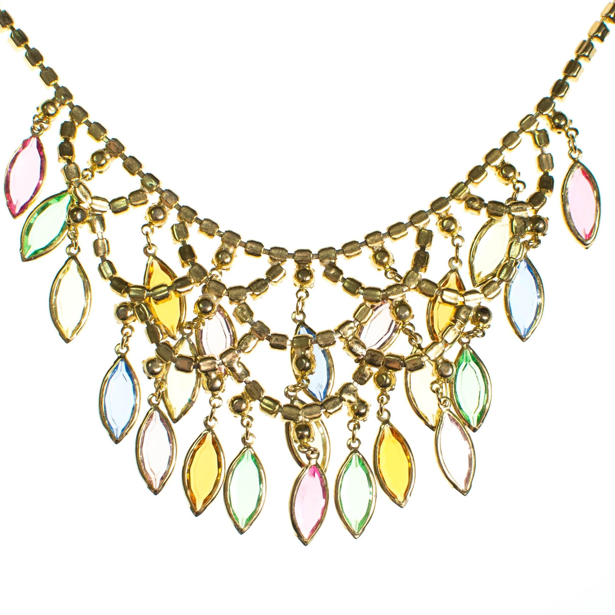 Vintage Waterfall Bib Necklace with Pastel Rhinestones by 1960s - Vintage Meet Modern Vintage Jewelry - Chicago, Illinois - #oldhollywoodglamour #vintagemeetmodern #designervintage #jewelrybox #antiquejewelry #vintagejewelry